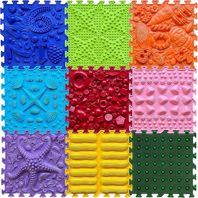 ORTO NATURE 9 Piece Massage Puzzle Floor Mats - Orthopedic Game Mat for Kids, Sensory Play, Childrens Play Mats, Game Mat Set (Rainbow Melody)