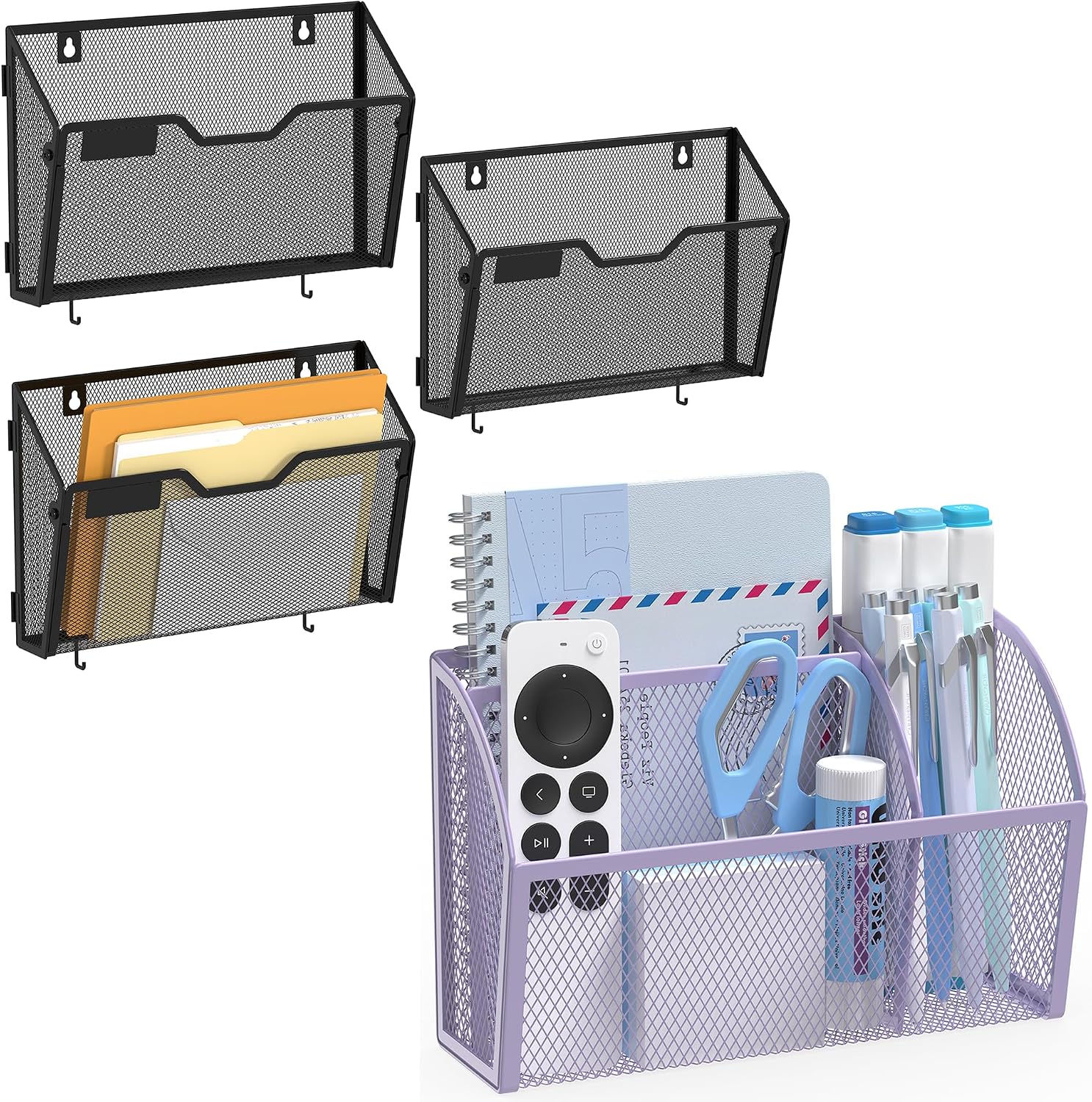 YINGHUA Metal Mesh Organizer Bundle: Strong Magnetic Pen Holder for Whiteboard/Refrigerator (Purple) + 3 Pack Wall Mount File Holders with Hooks (Black) - for Mail, Papers, Office, Home & School