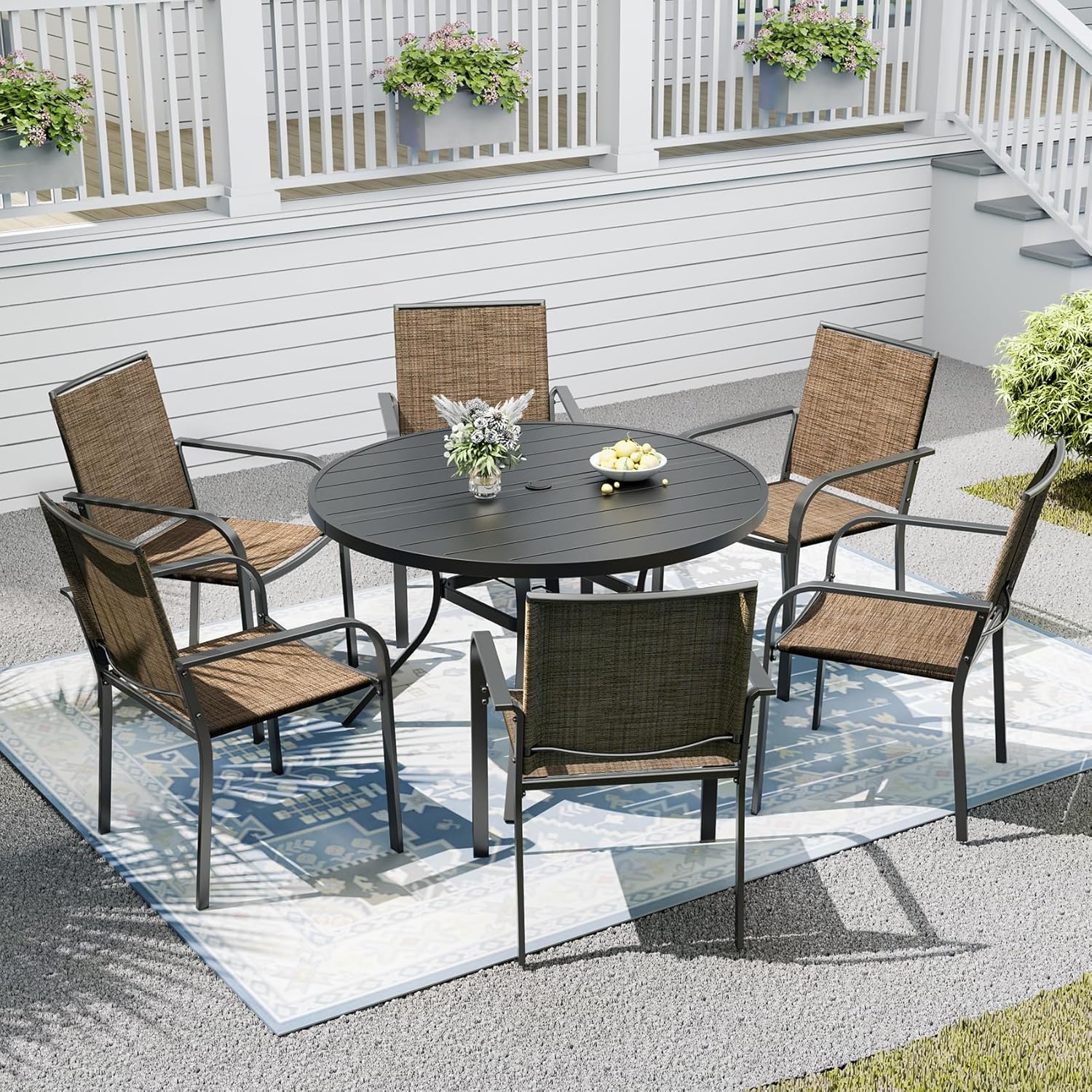 Outdoor Dining Table with 6-Piece Stackable Chairs,48" Round Patio Table with Adjustable Umbrella Hole,Stable Patio Dining Set for Home or Outside