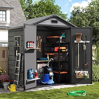Amopatio Outdoor Storage Shed with Floor, 6x4.5 FT Lockable Plastic Tool Shed with Ventilation, Waterproof Resin Garden Sheds for Backyard, Patio, Lawn and Bike Dark Grey