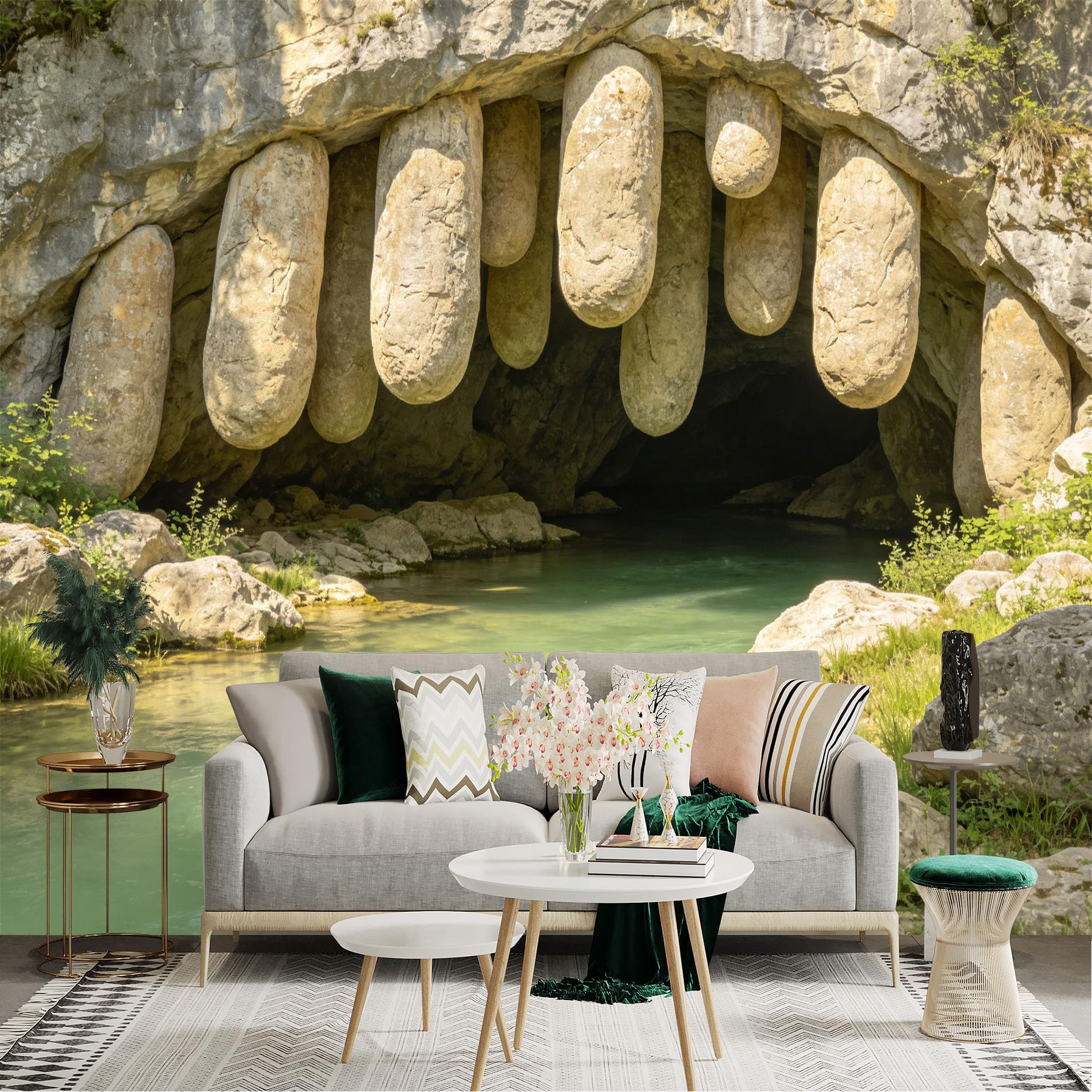 Lnzczhyre Dbh260521750 Custom Size Wall Sticker Mural， Natural Stone Cave Formation， Underground River Landscape， Geological Rock Wonders， Scenic Nature Scenery， For Wall Decoration， Peelandstick Wall Decals.