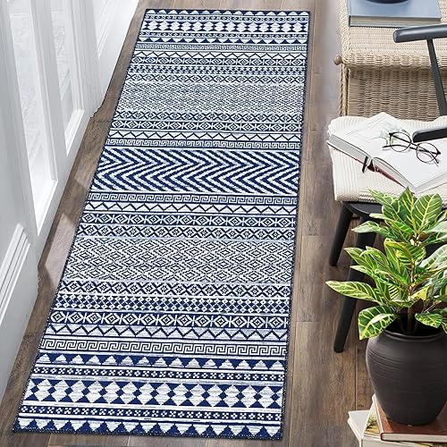 Alfombra lavable para pasillo, alfombra azul y blanca, geométrica, pequeña, larga, para dormitorio, alfombra vintage suave para entrada, alfombra
