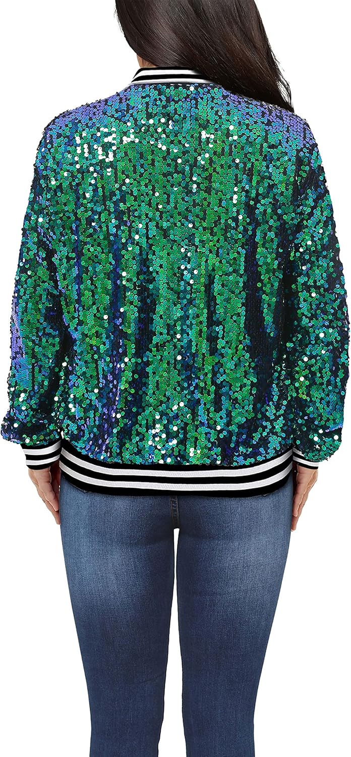 Womens Long Sleeve Sequin Open Front Zipper Jacket with Ribbed Cuffs