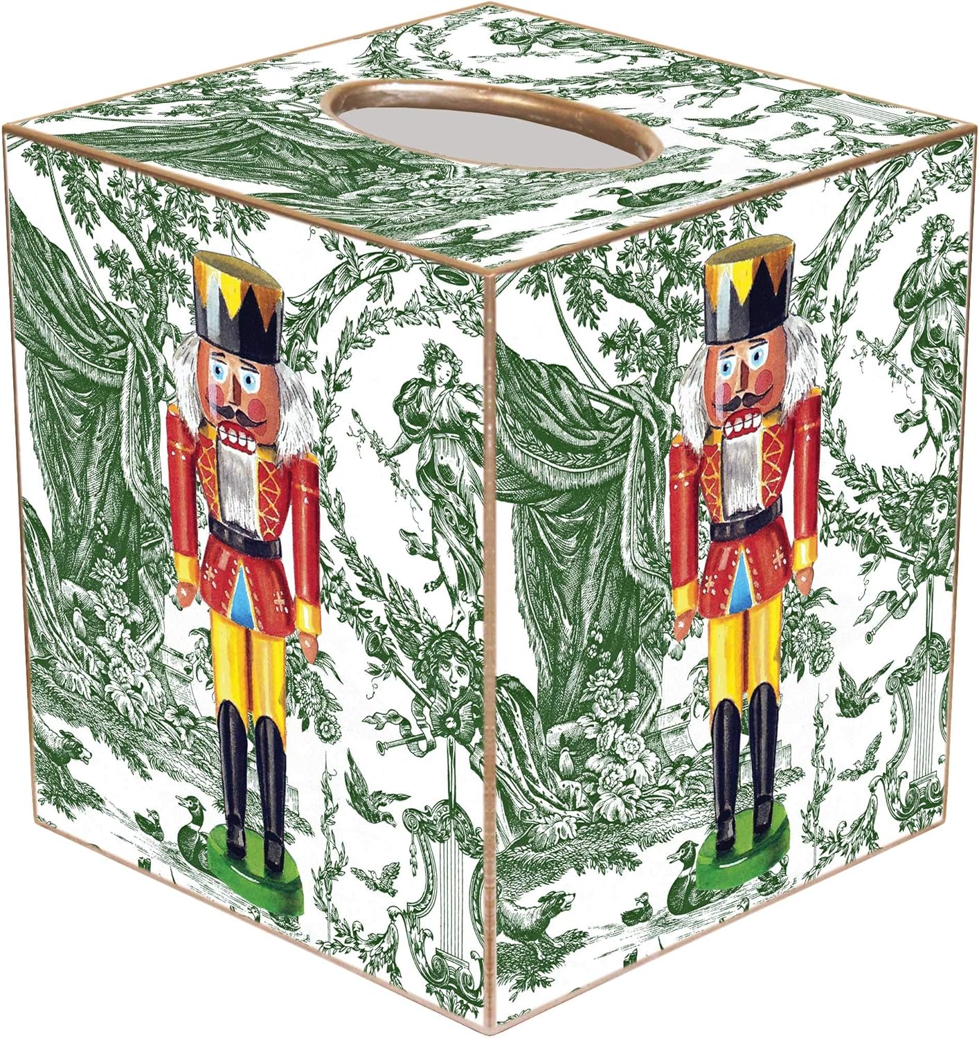 Marye-Kelley Nutcracker Green Toile Tissue Box Cover Square Paper-Mache Holder for Bathroom Vanity, Bedroom Dressers, Night Stands