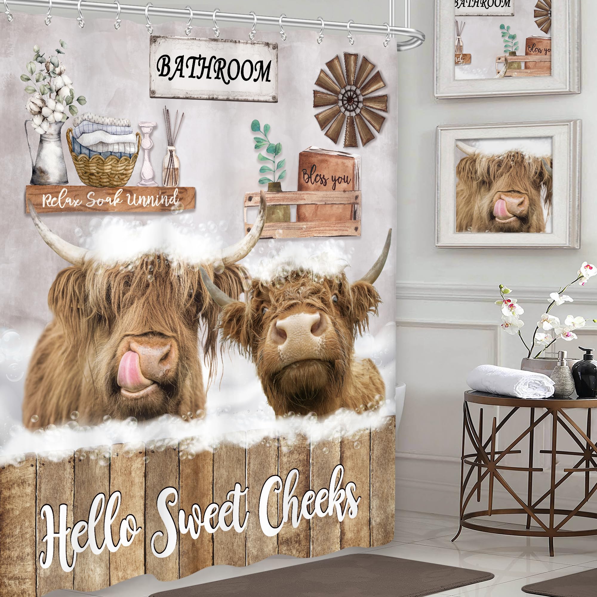 Imirell Funny Highland Cow Shower Curtain 60Wx72H Inches Rustic Farmhouse Bull Animal Wooden Board Country Western Wildlife Plant Nature Farm Fabric Waterproof Polyester with 12 Pack Hooks Plastic