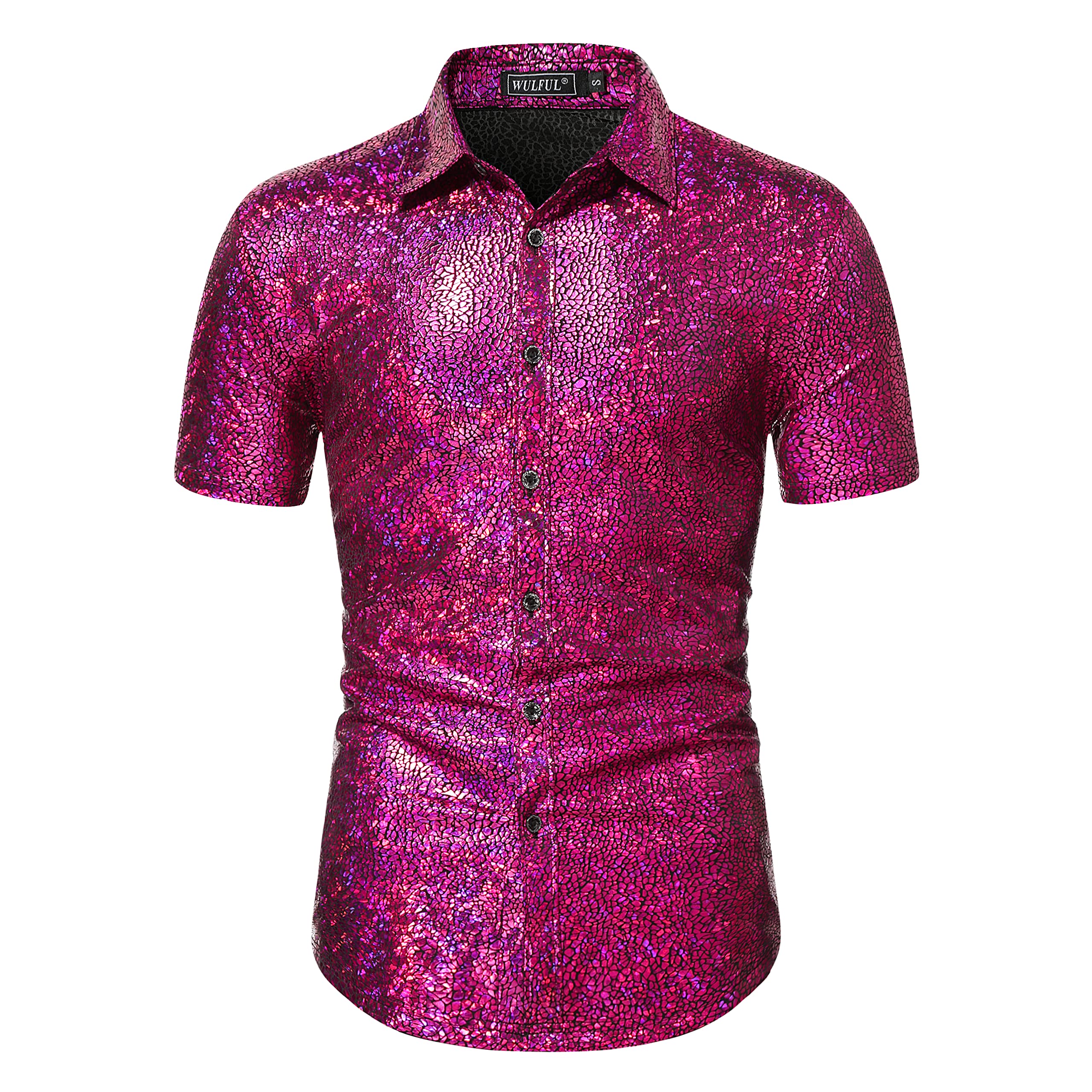 WULFUL Men's Disco Shirt Sequins Short Sleeve Button Down Shirts 70s Party Costume Dress Shirts