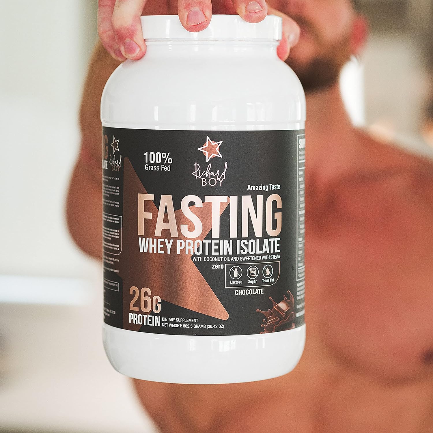 RICHARD BOY Fasting Whey Protein Isolate Chocolate Flavor- 100% Natural Powder -100% Grass-Fed -Gluten Free Keto -with Coconut Oil – Chocolate Shake (2 Pounds)
