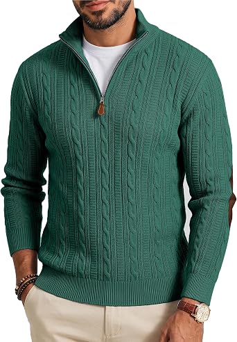 JMIERR Mens Quarter Zip Cable Knit Pullover Sweater Elbow Patches