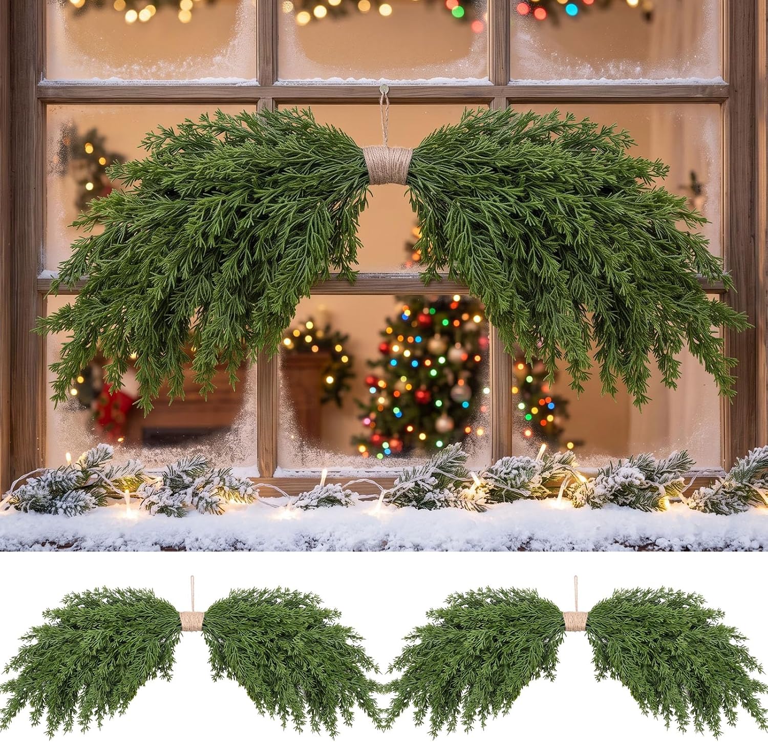 Suncalla 2 Pack 31.5" Christmas Swag for Front Door Rustic Christmas Swag Garland Centerpiece Pine Greenery Arch Wreath for Indoor Outdoor Decor(Green,Cedar)