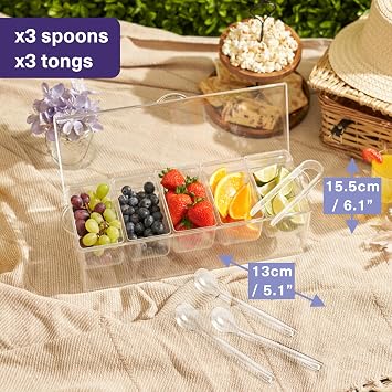 MATANA Condiment Caddy with Lid & Ice Chamber – Chilled Garnish Tray, 5 Compartments + 3 Tongs & 3 Spoons – Clear Condiment Holder/Bar Caddy Toppings Station for Cocktails, Parties & BBQs