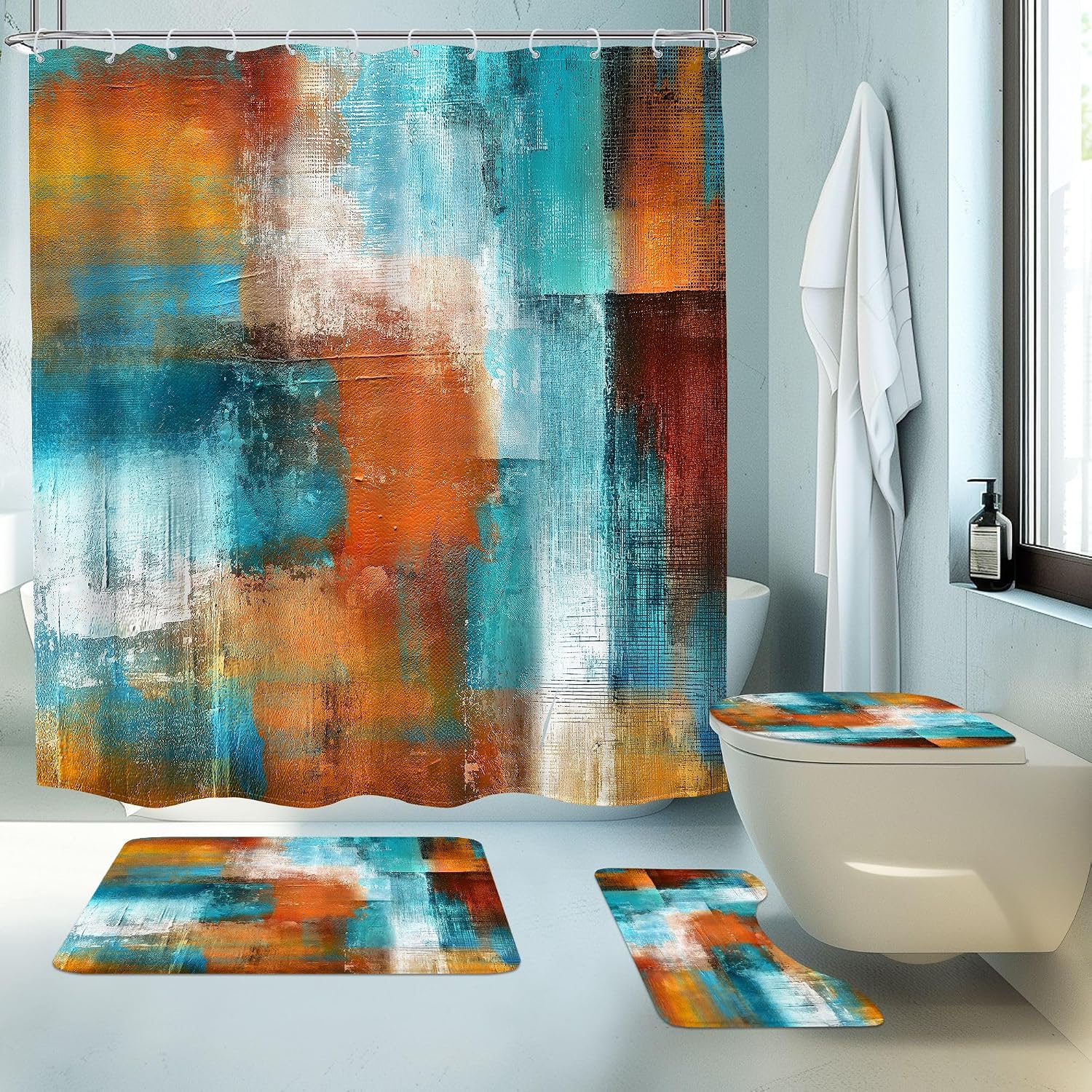MESHELLY Abstract Brown Teal 4Pcs Shower Curtain Sets Burnt Orange Turquoise Oil Painting Ombre Rustic Bathroom Set Decor with Rug, Toilet Lid Cover, Bath Mat, Modern Bathroom Curtain with 12 Hooks