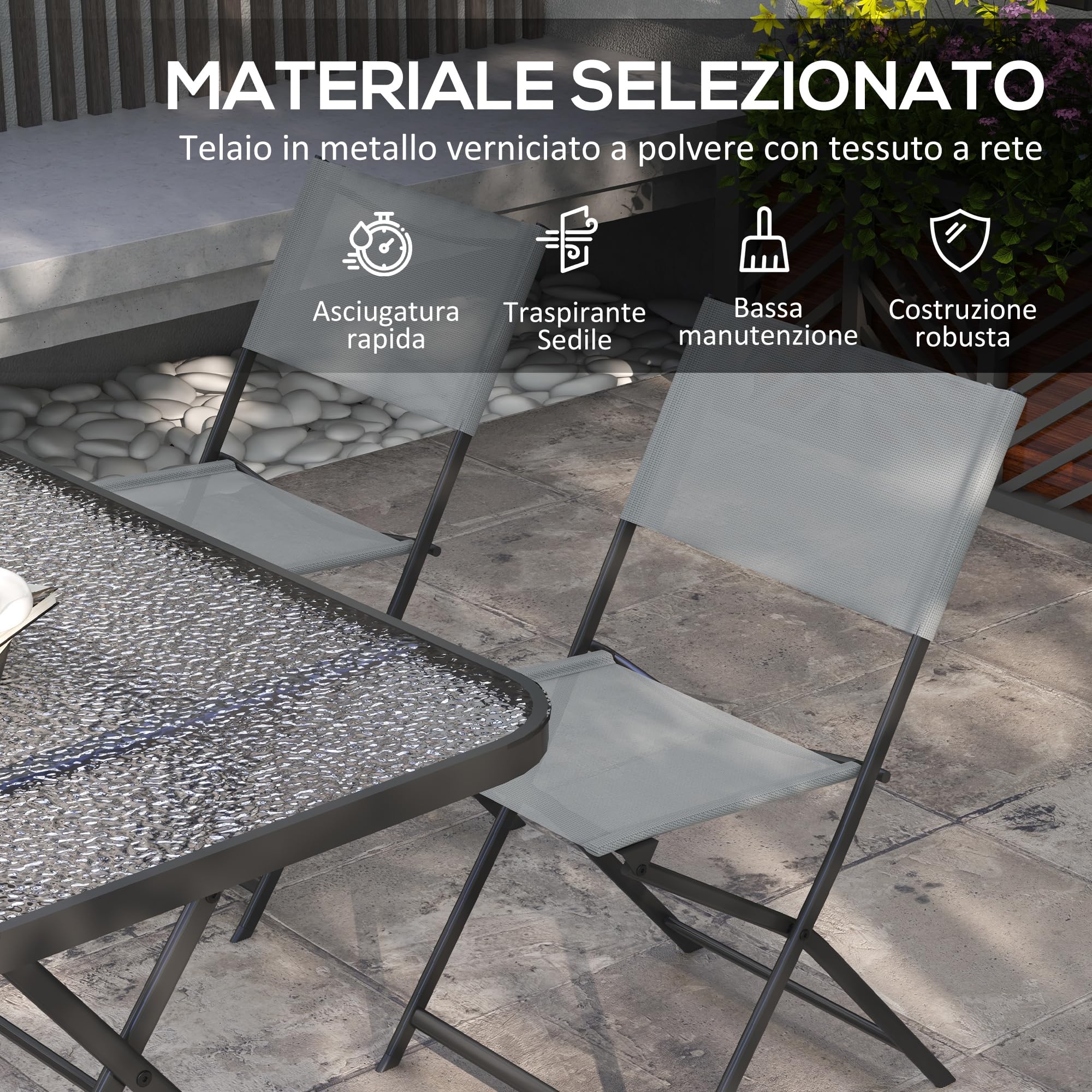 Outsunny Set Tavolo e Sedie da Giardino 5 Pezzi Pieghevole, Metallo, Grigio
