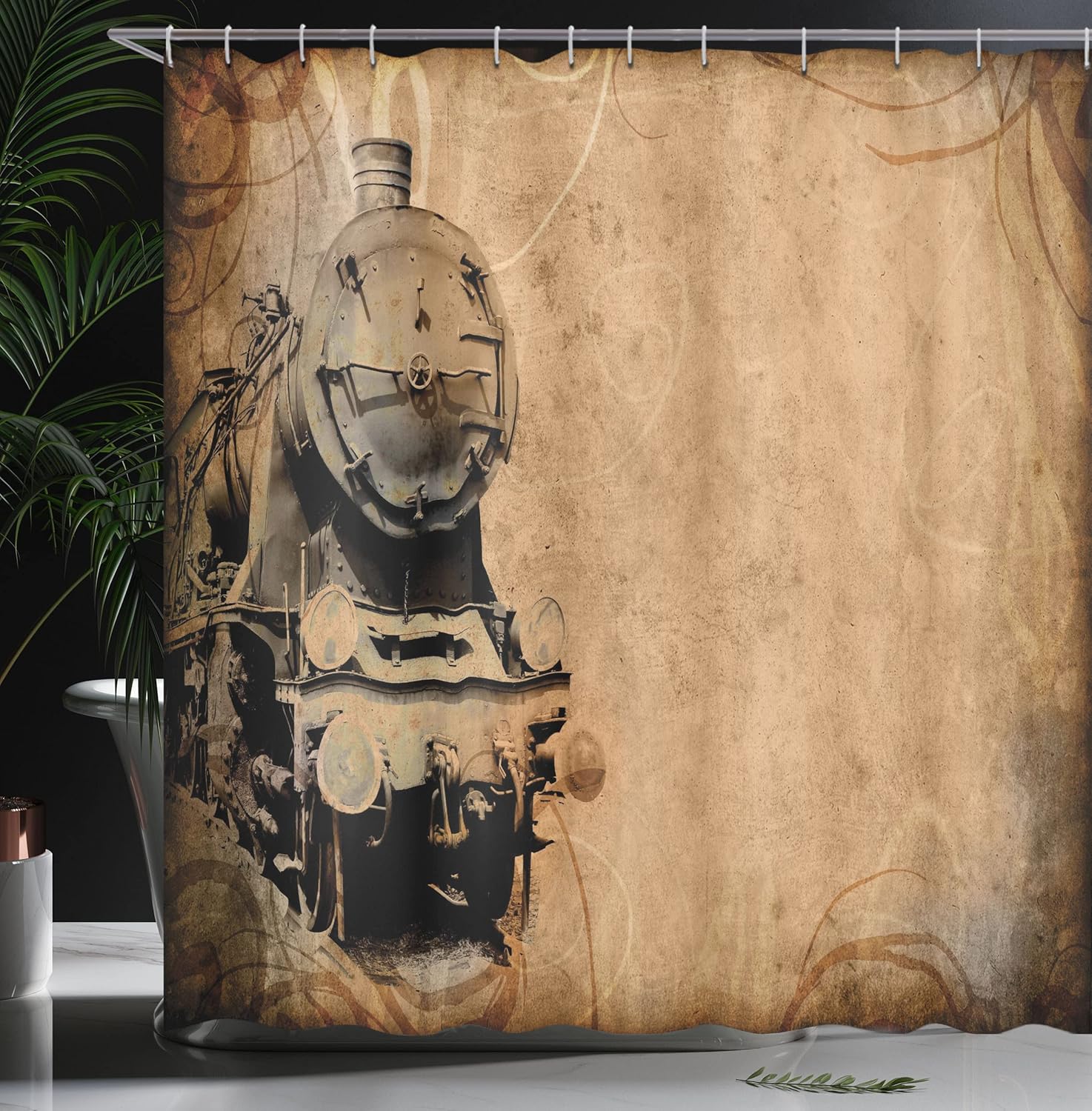 Ambesonne Steam Engine Shower Curtain, Antique Old Iron Train Aged Sepia Grunge Style Design Industrial Theme Print, Cloth Fabric Bathroom Decor Set with Hooks, 69" W x 70" L, Coffee Brown