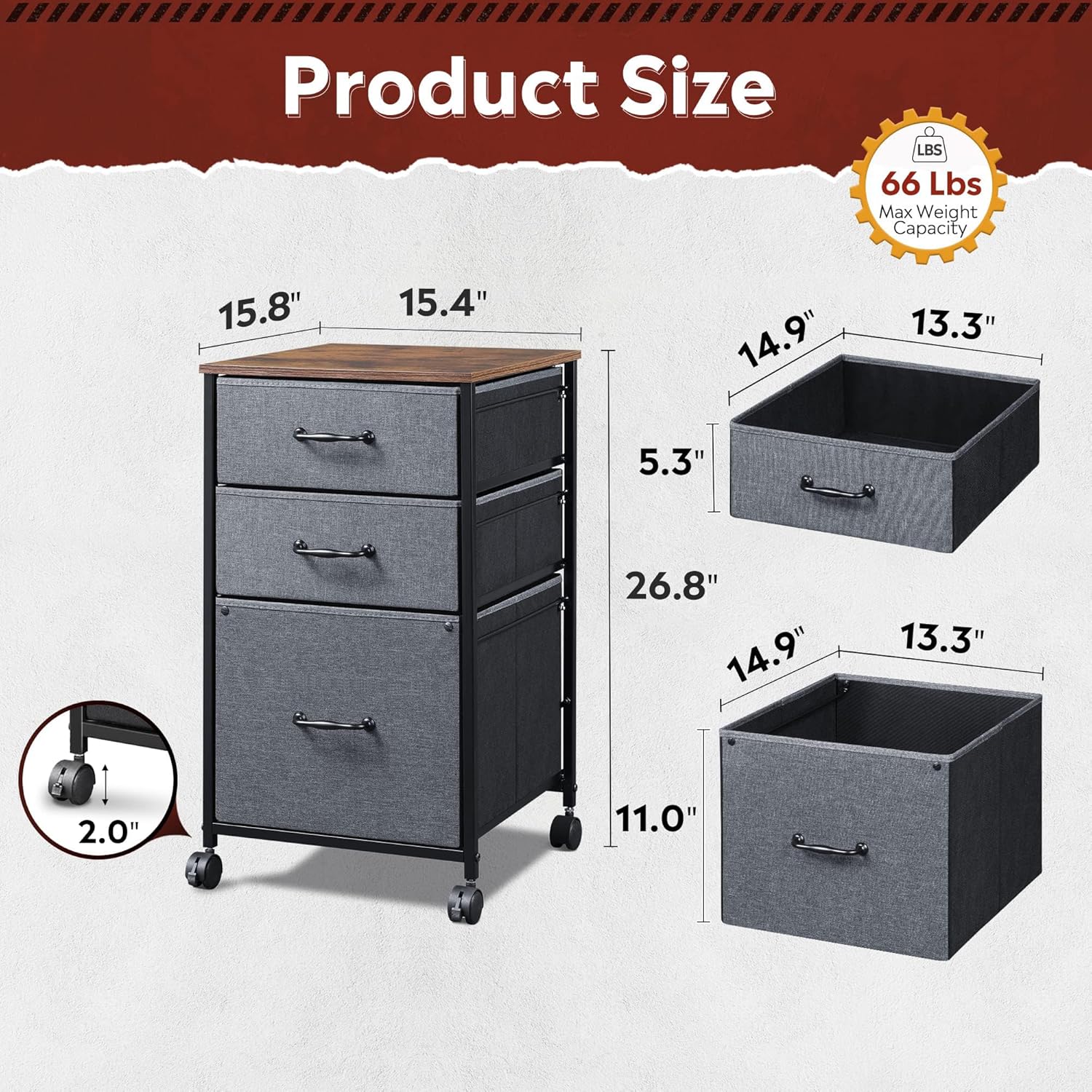 DEVAISE Mobile File Cabinet, Rolling Printer Stand with 3 Drawers, Fabric Vertical Filing Cabinet fits A4 or Letter Size for Home Office, Rustic Brown