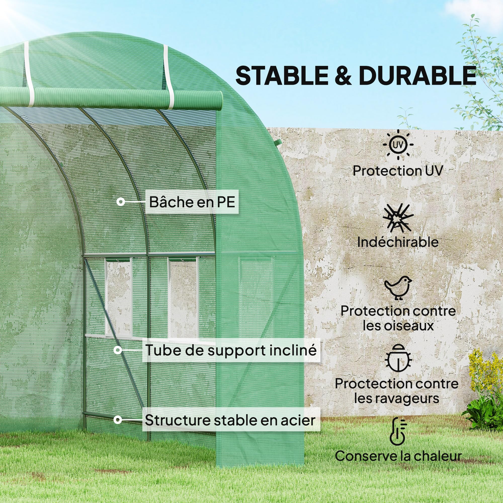 Outsunny Serra da giardino a tunnel, superficie del terreno, 7 m², 3,5 x 2 x 2 m, telaio tubolare rinforzato con cerniera, 6 finestre avvolgibili, colore: verde