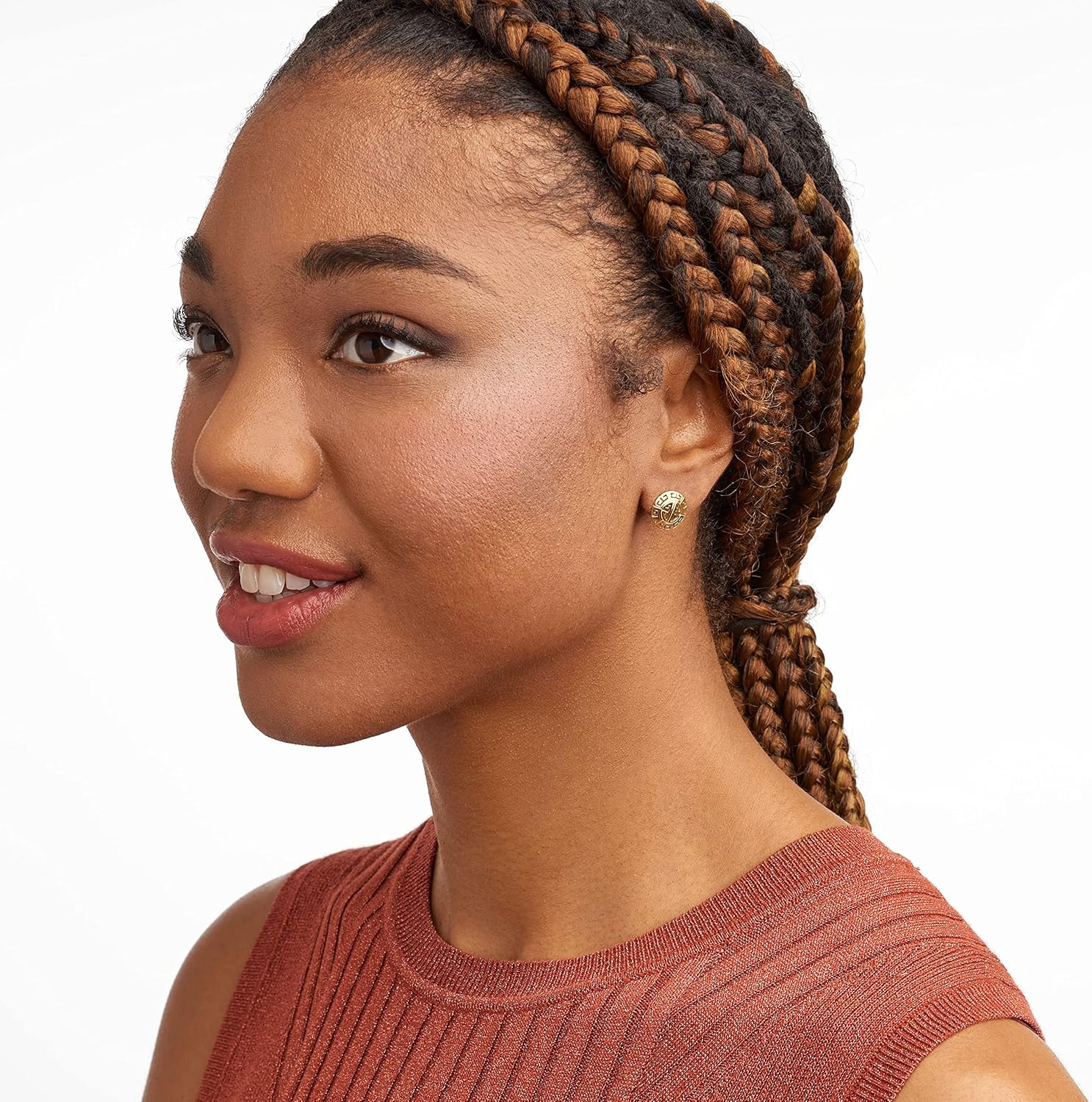 MORGAN & PAIGE .925 Sterling Silver 18K Gold Plated Greek Key Mythology Stud Earrings for Women - Laser Cut Round Greek Pattern Lightweight Jewelry, Hypoallergenic Sterling Silver Earrings