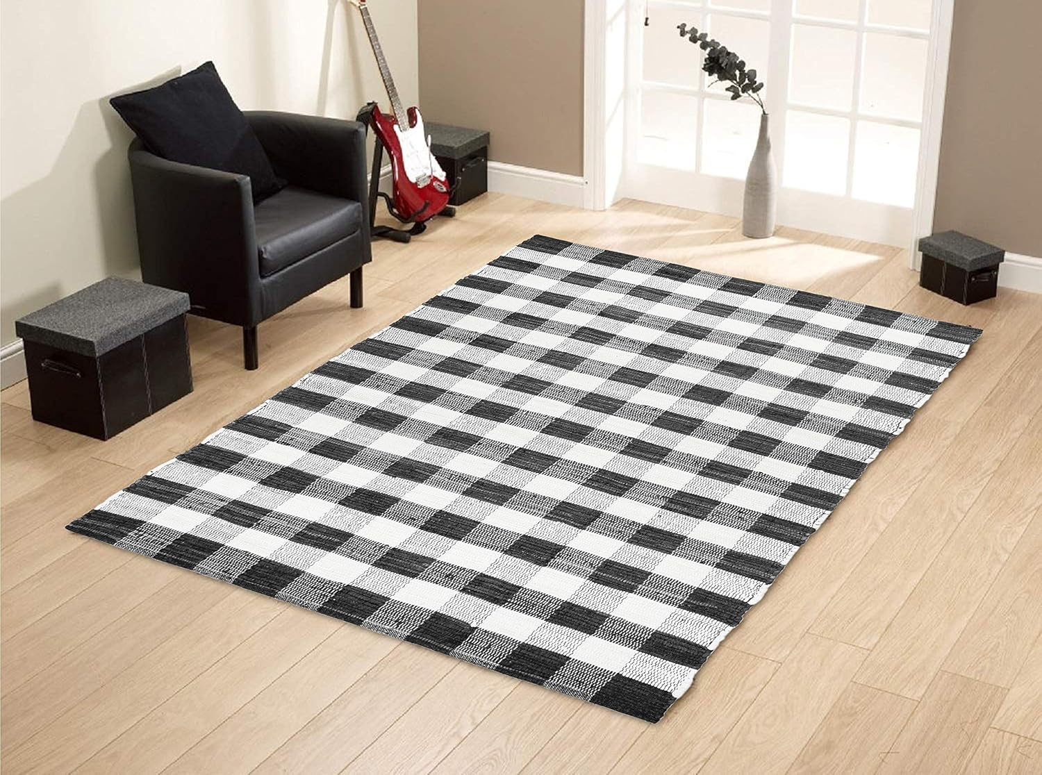 GLAMBURG Cotton Reversible Area Rug 3' x 5' Farmhouse Floor Mat, Handwoven Washable Carpet Checkered Plaid Rug for Front Porch Living Room Kitchen Bedroom - Black White