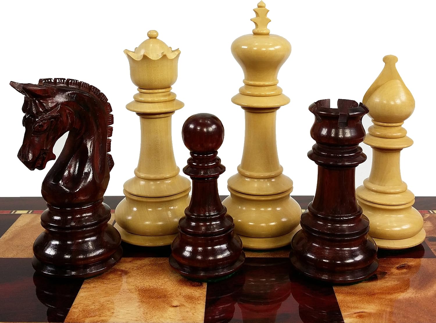 4 Queens - Large 4 3/8" King Staunton Luxury Bud Rosewood Chess Men Set W/ 20" Cherry Color Storage Board