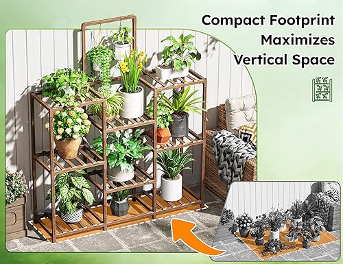 Miniatura 6 de EnHomee - Soporte de plantas para interiores, estante de madera de exterior de gran capacidad, soporte escalonado de 5 niveles para plantas