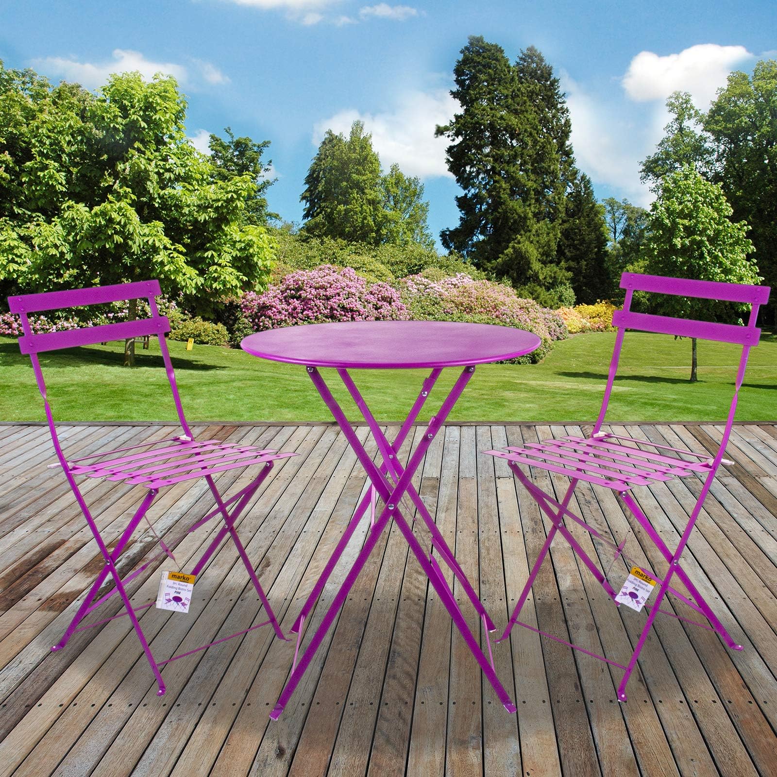 Marko Outdoor 3PC Bistro Set Metal Folding Patio Outdoor Furniture Garden Round Table & Chairs (Pink)