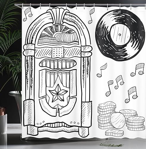 Miniatura 3 de Ambesonne Jukebox - Cortina de ducha, estilo garabato, caja de música retro, monedas, juego de decoración de baño de tela con ganchos, 69 pulgadas