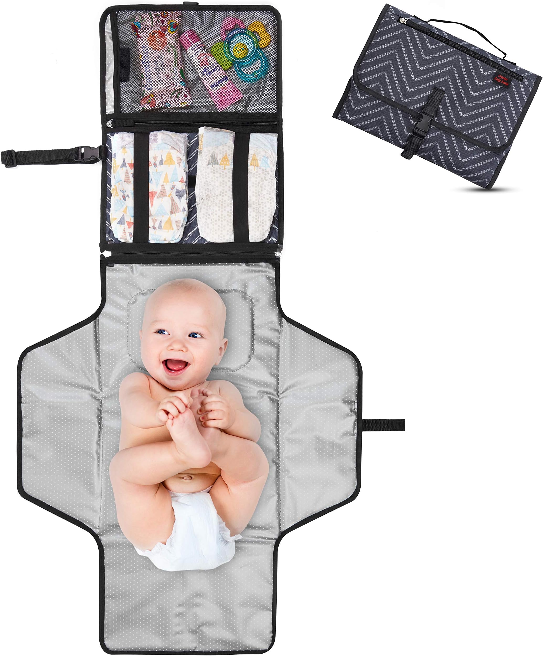 Crystal Baby Smile Portable Changing Pad - Diaper Clutch - Lightweight Travel Station Kit for Baby Diapering - Entirely Padded, Detachable and Wipeable Mat - Mesh and Zippered Pockets (Dark Gray)