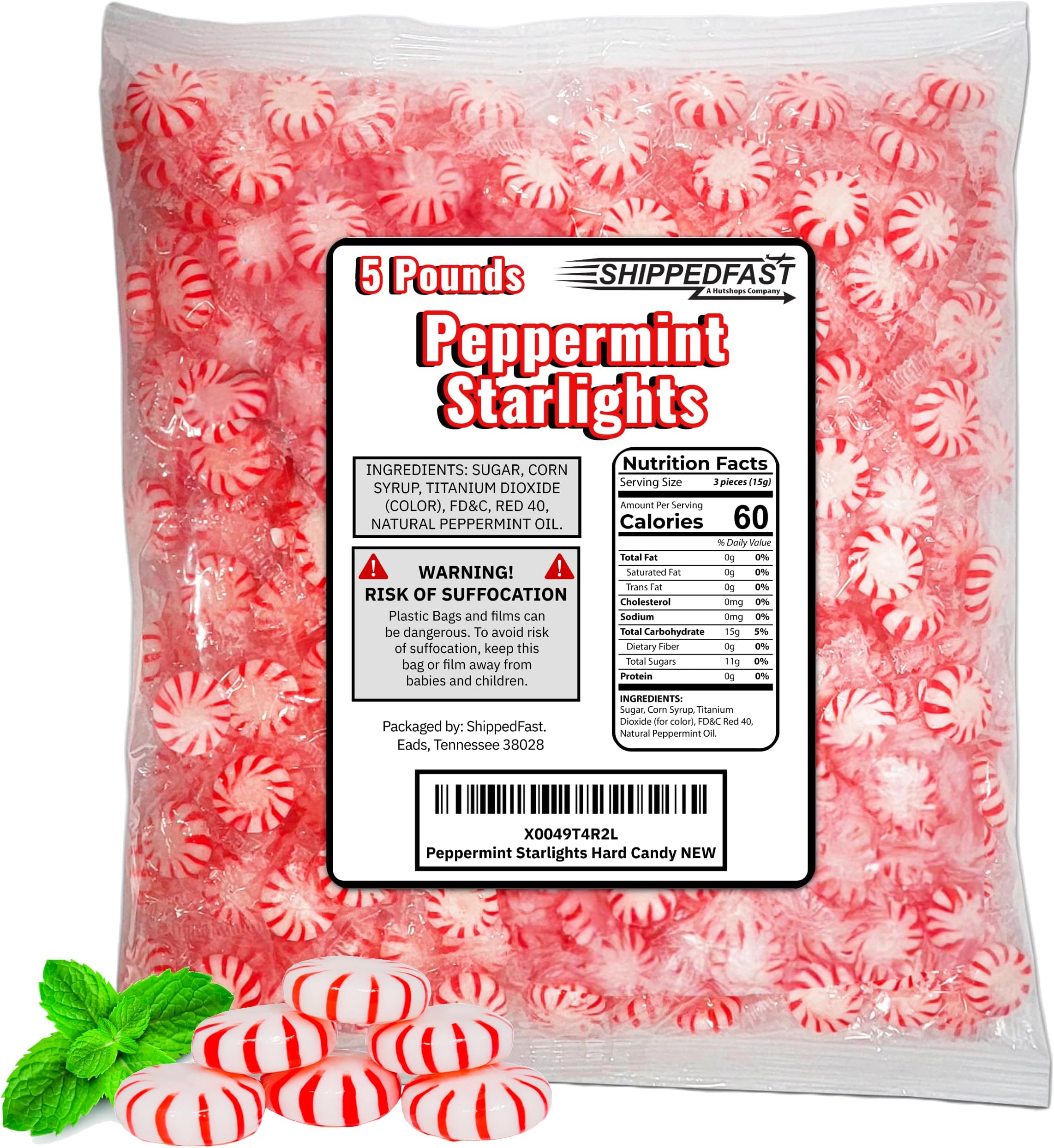 ShippedFast Peppermint Starlights Candy Mints. Real Peppermint Oil Infused Hard Candies, (5 Pound Bag)