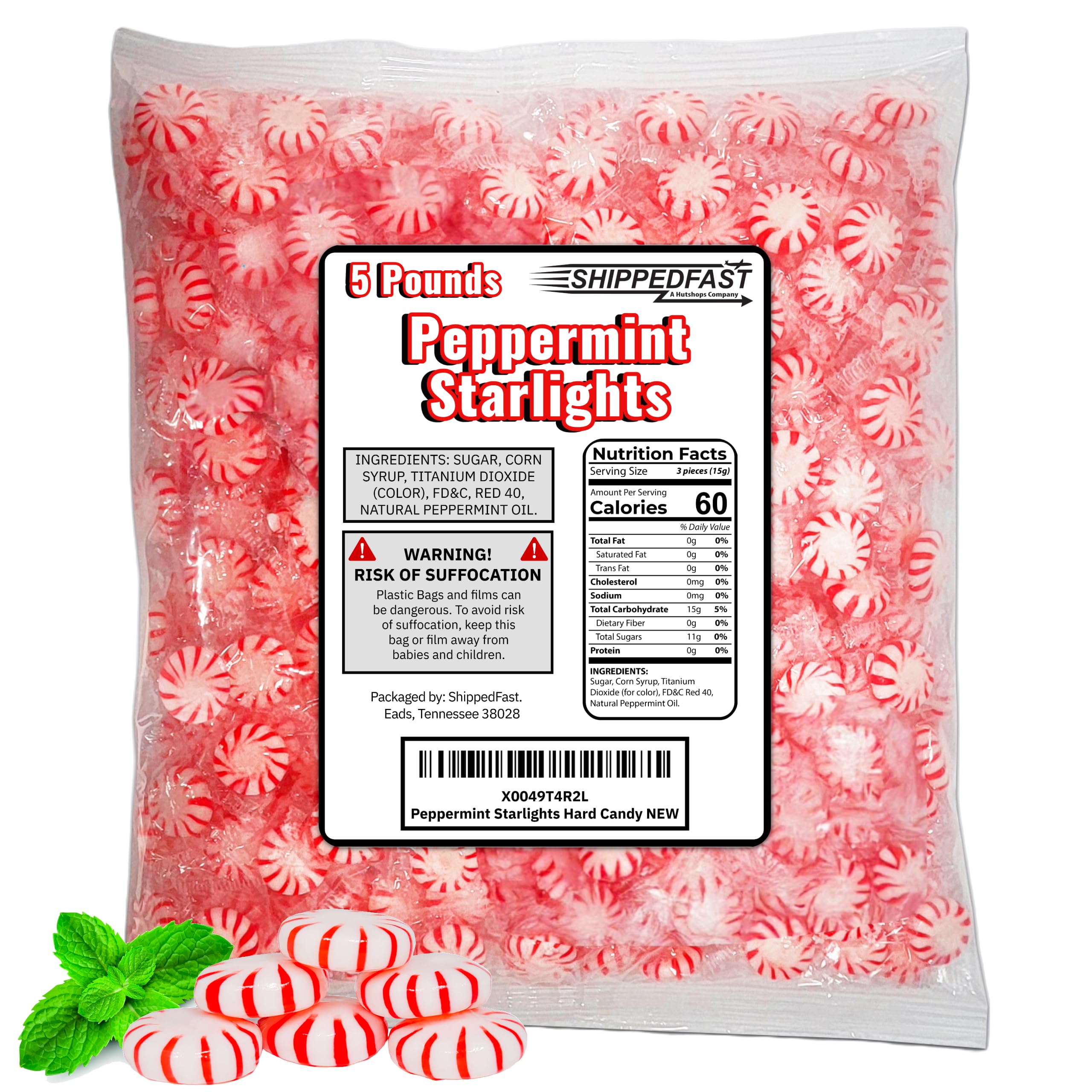 ShippedFast Peppermint Starlights Candy Mints. Real Peppermint Oil Infused Hard Candies, (5 Pound Bag)