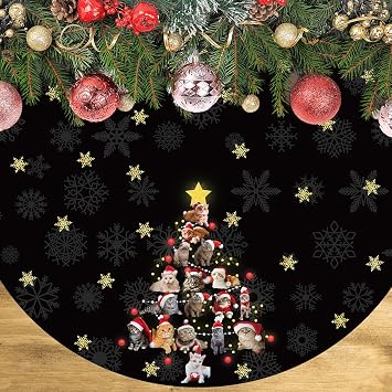 Cat Christmas Tree Skirt 48 Inches Black and Gold Xmas Skirt Under Tree Base Cover Collar Floor Mat for 7.5ft-Tree, Christmas Decor for Home Office Indoor Holiday Party Decor