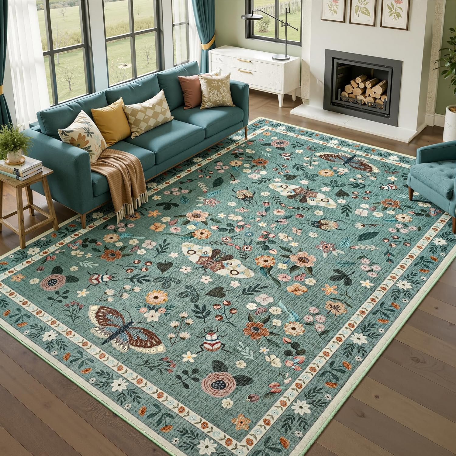 Foxmas Washable Area Rugs for Living Room, 6x9 Non-Slip Butterfly Floral Print Throw Rug, Low Pile Modern Indoor Floor Rug, Carpet for Bedroom Dining Room Laundry Room Kitchen Home Office，Light Green