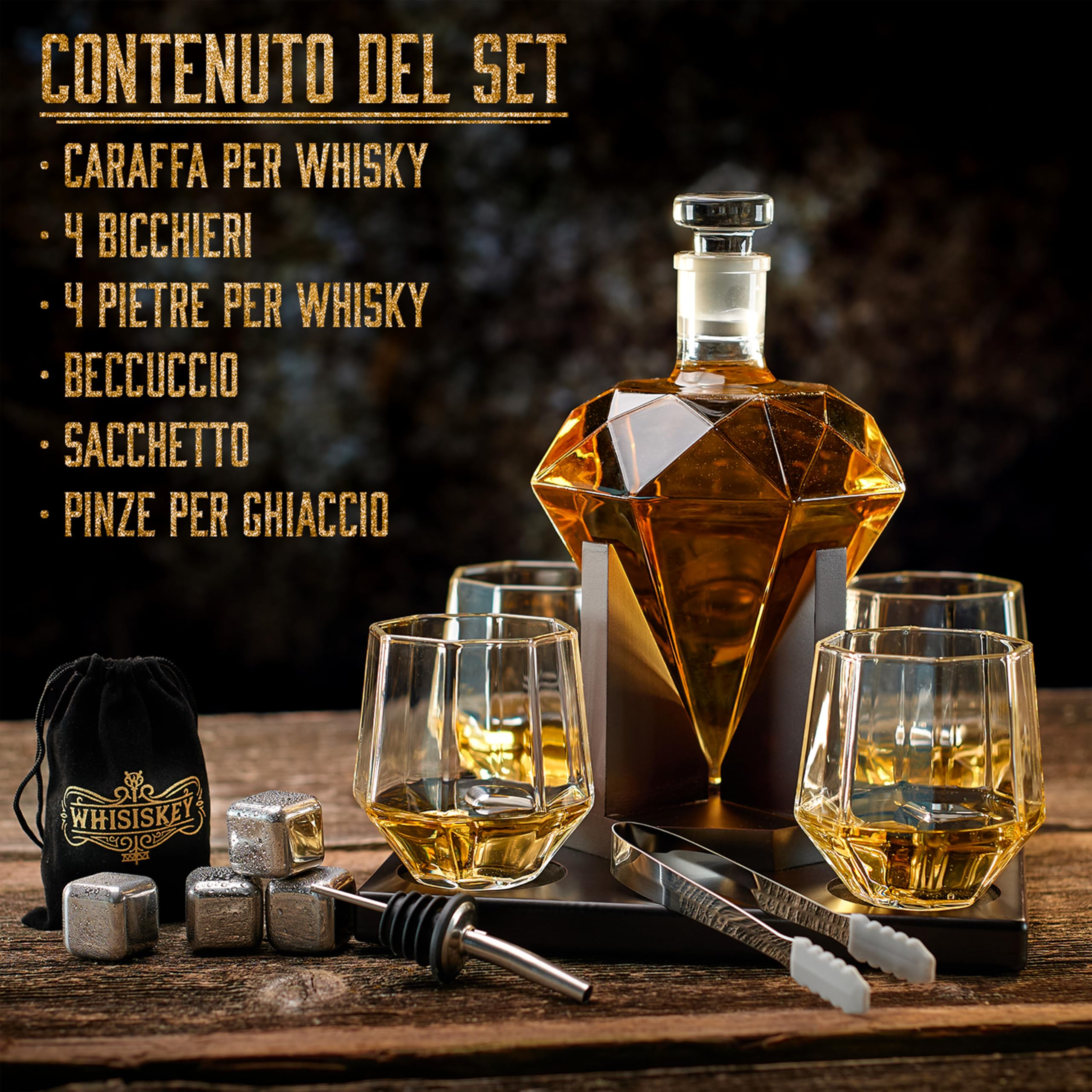 WHISISKEY Whiskey Karaffe Set - Whiskey Geschenkset - Geschenke für Männer - Männergeschenke Geschenk - Geburtstagsgeschenk Mann - Diamant Dekanter 1000ML, Geschenkbox, 4 Gläser, 4 Whisky Steine
