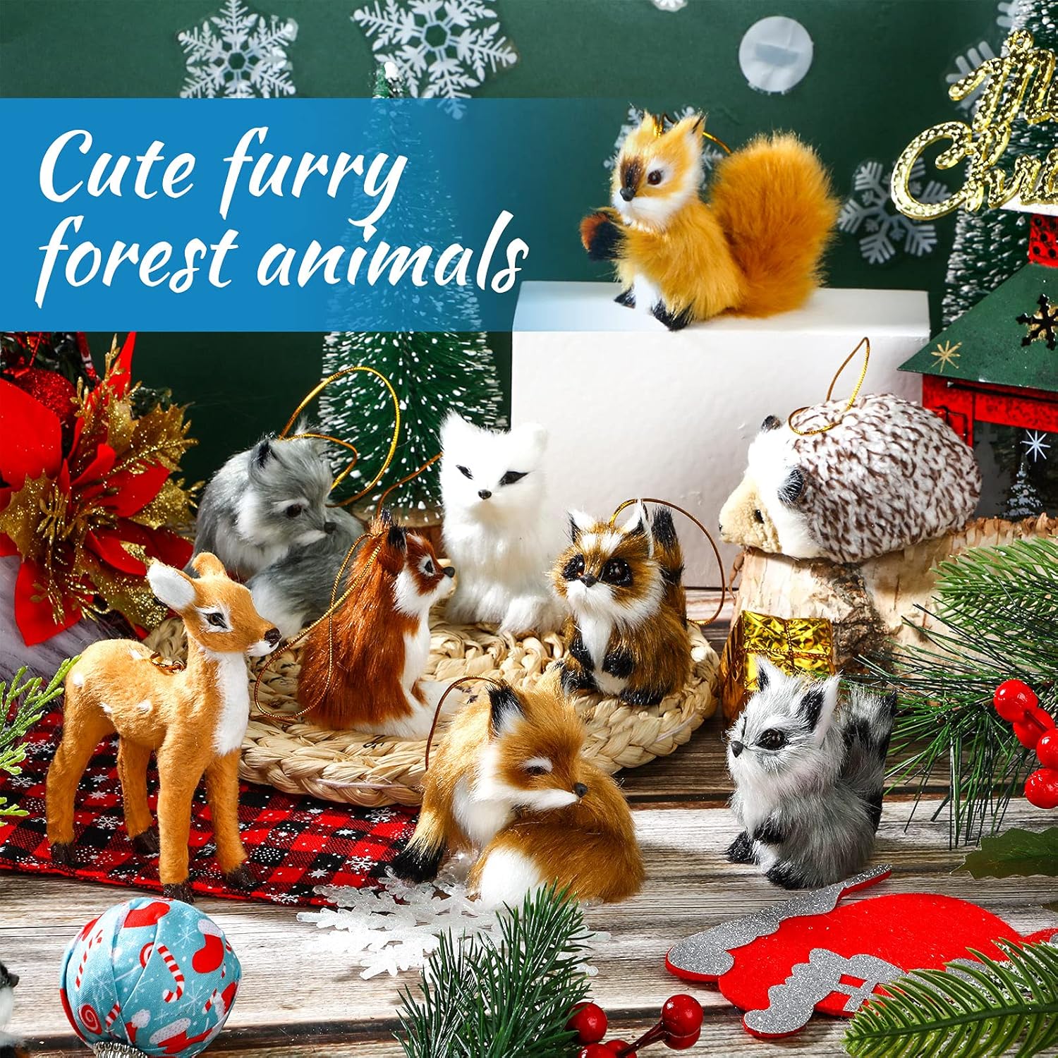 Skylety 15 Pieces Animal Ornaments, Woodland Faux Fur Animal Hanging Ornament Bulk Plush Simulation Fall Christmas Tree Decoration for Home Backpack Party Holiday - Image 2