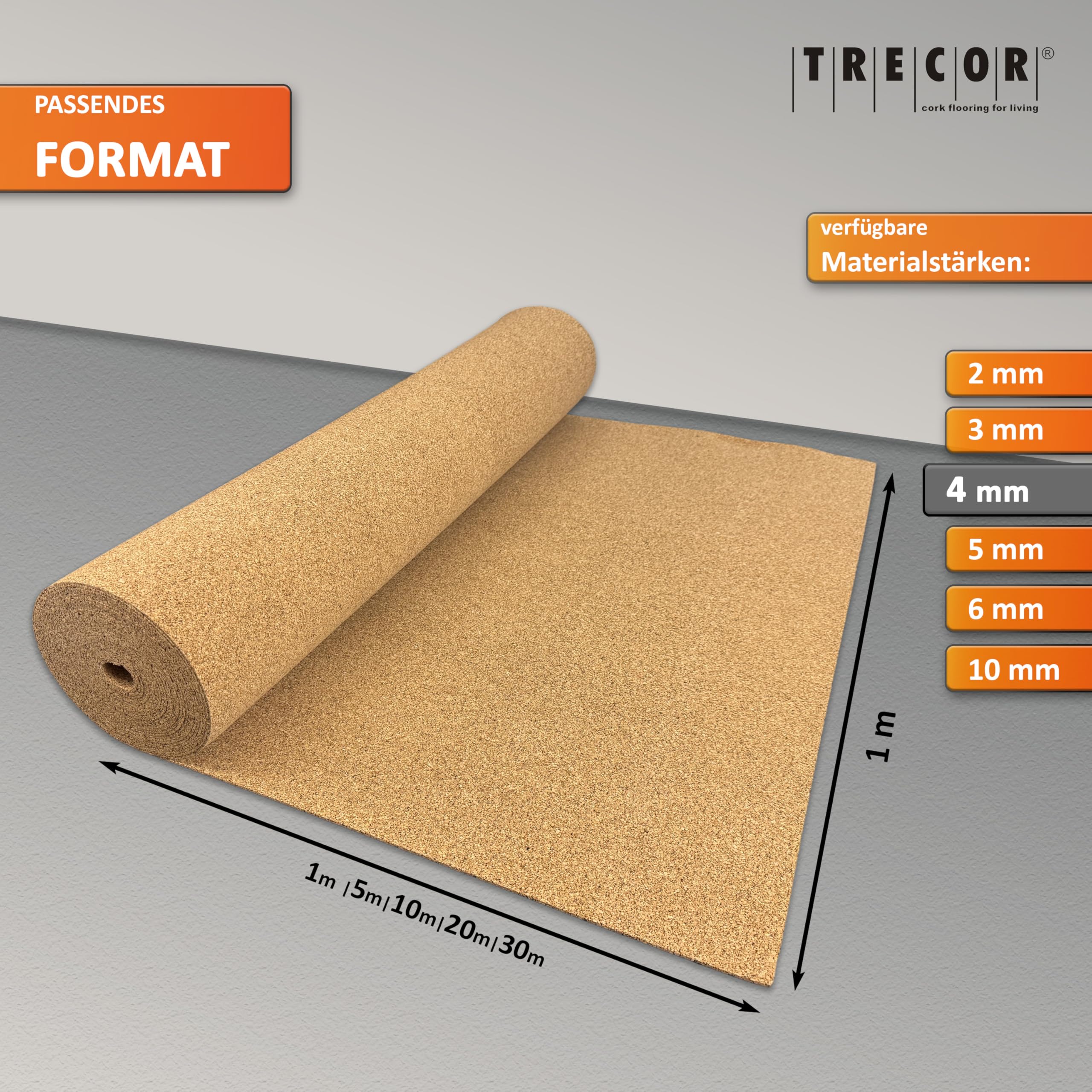 Kurk geluidsisolatie Trecor rolkurk - dikte 4 mm - akoestische isolatie voor laminaat en parketvloeren, zeer elastisch en antistatisch, dichtheid ca. 200 kg/m³ - u koopt (20 m²