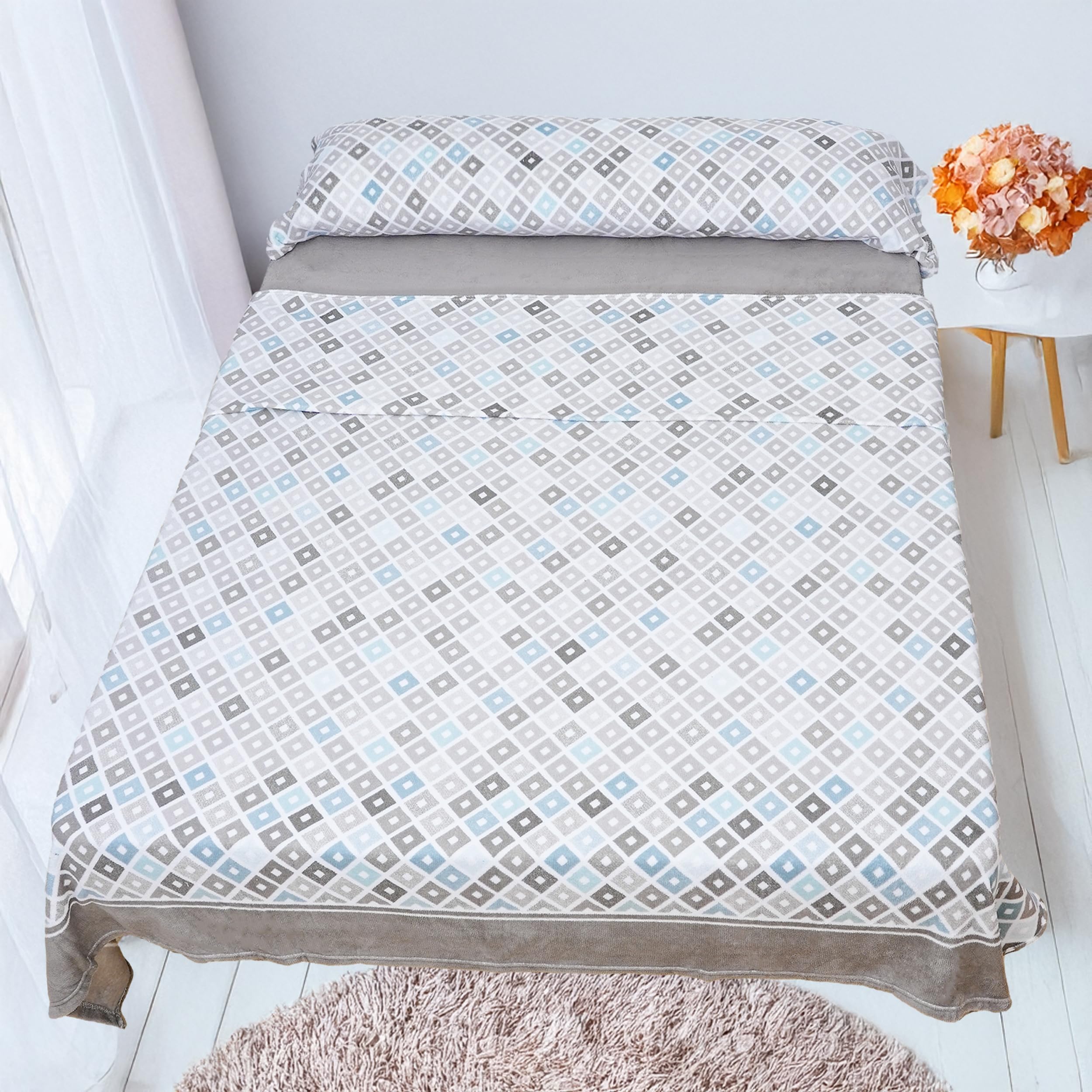Etrexonline Juego de Sábanas 3 Piezas Coralina Térmica para Invierno - Incluye Sábana Bajera Ajustable, Encimera y Funda de Almohada - Tacto Suave y Cálido - Diamantes Gris, Cama 150cm