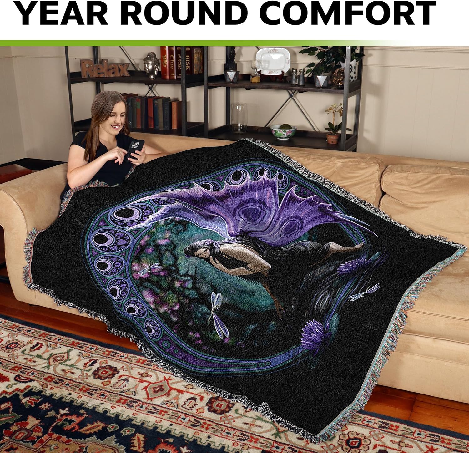 Pure Country Weavers Niaid Fairy Woven Blanket by Anne Stokes - FAE Fairies Fantasy Gift Cotton Tapestry Throw - Made in The USA - 72" x 54"