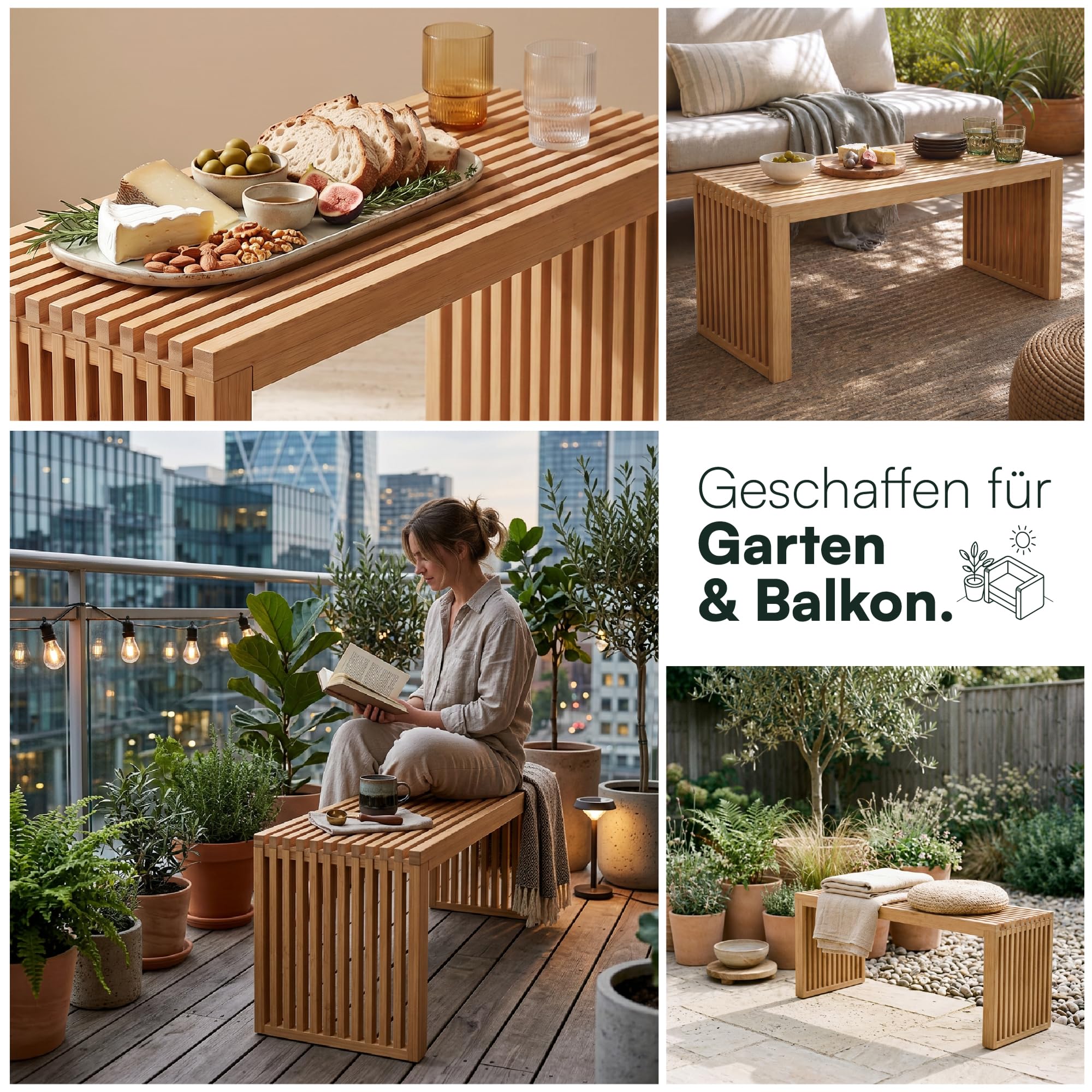 Gartenbank Bambus Wetterfest 2 Sitzer – Holzbank Outdoor ohne Lehne | BAM BOO BOX wetterfeste Gartenbank aus Bambus 90x33x43 cm – Outdoor Sitzbank 2 Sitzer für Balkon & Terrasse