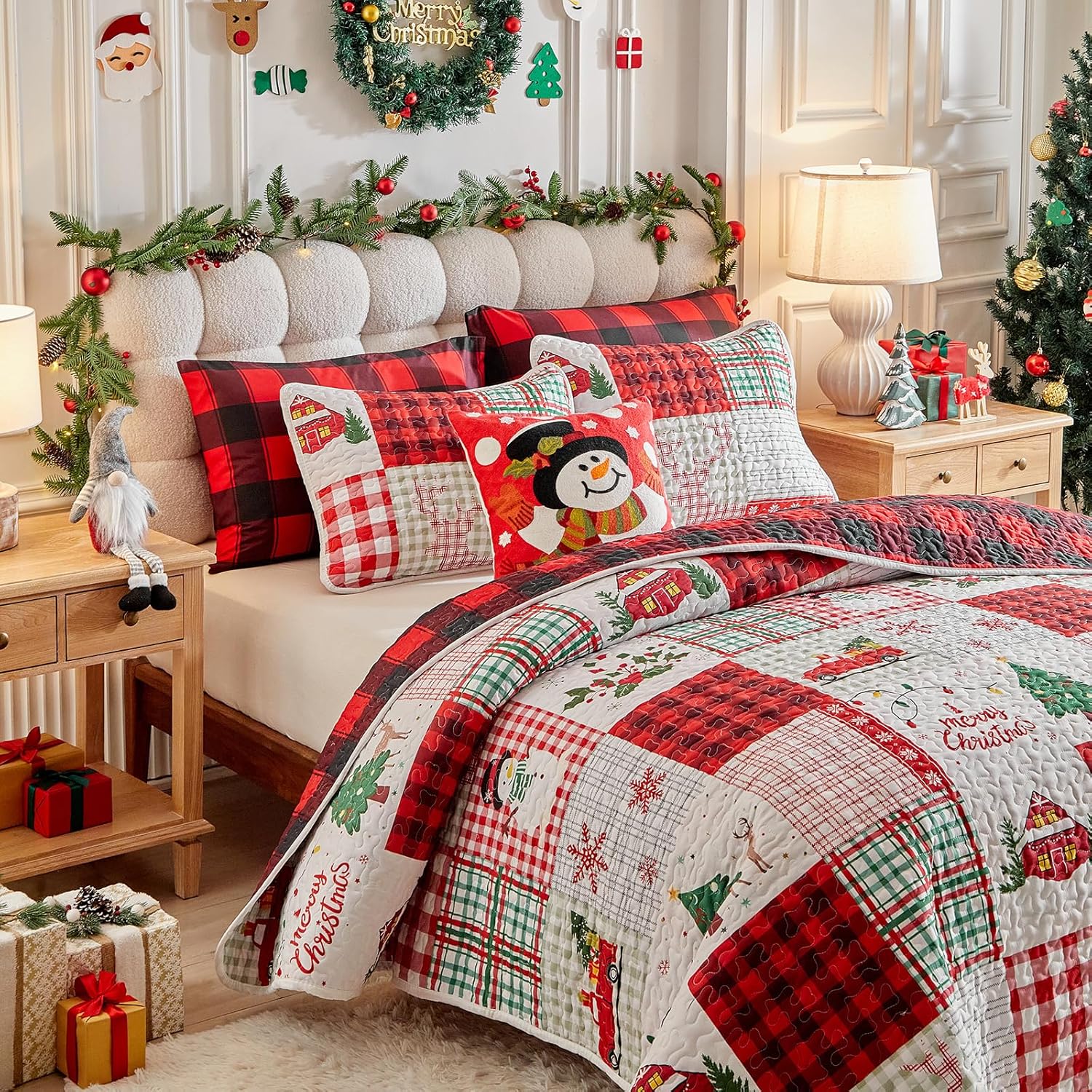 Christmas Patchwork Quilt Set King Size 101x88 - White Red Snowman Deer Snowflake Trees with Red Plaid - Xmas New Year Gingham Style Microfiber Winter Bedding Coverlet Thanksgiving Holiday Bedspread