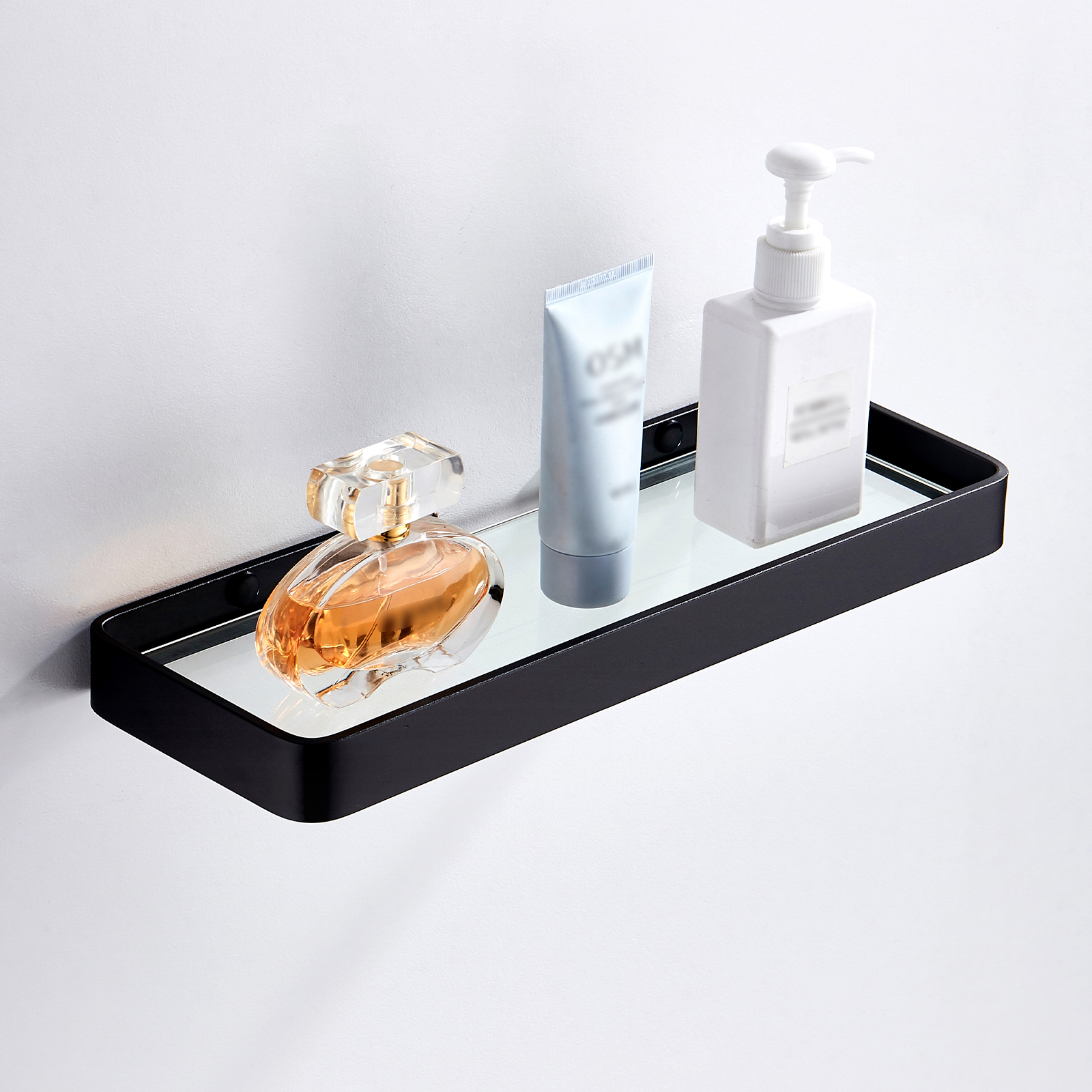 Danpoo 16-Inch Wall Shelf, Clear Tempered Glass with Matte Black Aluminum Frame – Sleek Floating Bathroom Organizer