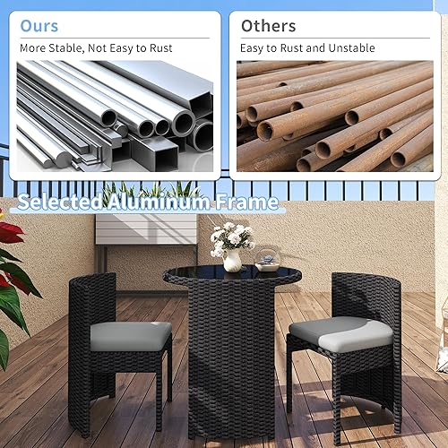 Miniatura 2 de TWT Juego de 3 piezas de bistró para patio, de aluminio fundido para todo tipo de clima, con mesa de vidrio templado y sillas de patio para piscina,