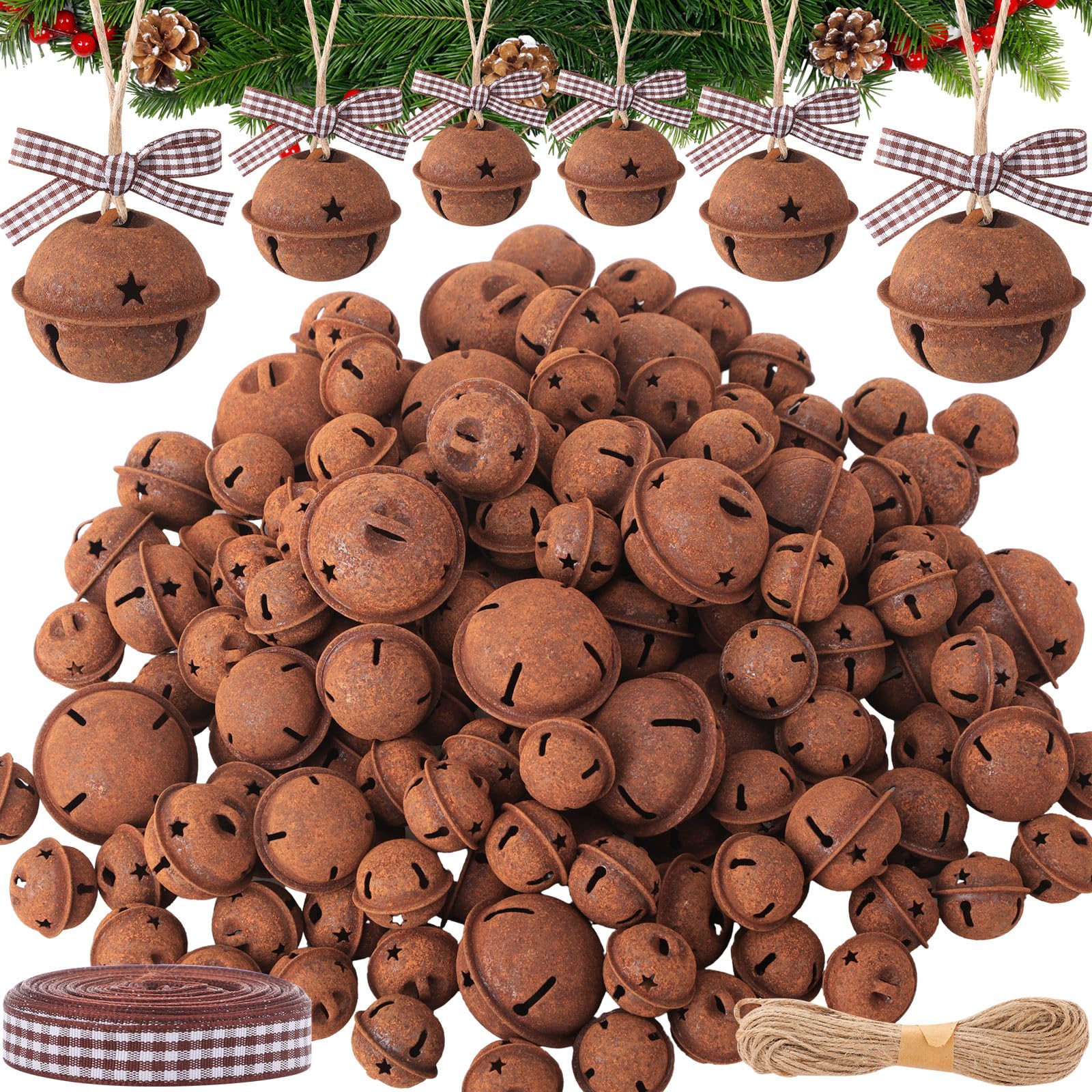 Zhengmy160 Pcs Christmas Rusty Metal Bells Kit Vintage Rusty Bells for Crafting Mixed Size Star Cutout Bell Rustic Craft Bell with Jute Twine Plaid Ribbon for Christmas Tree Wreath Decoration