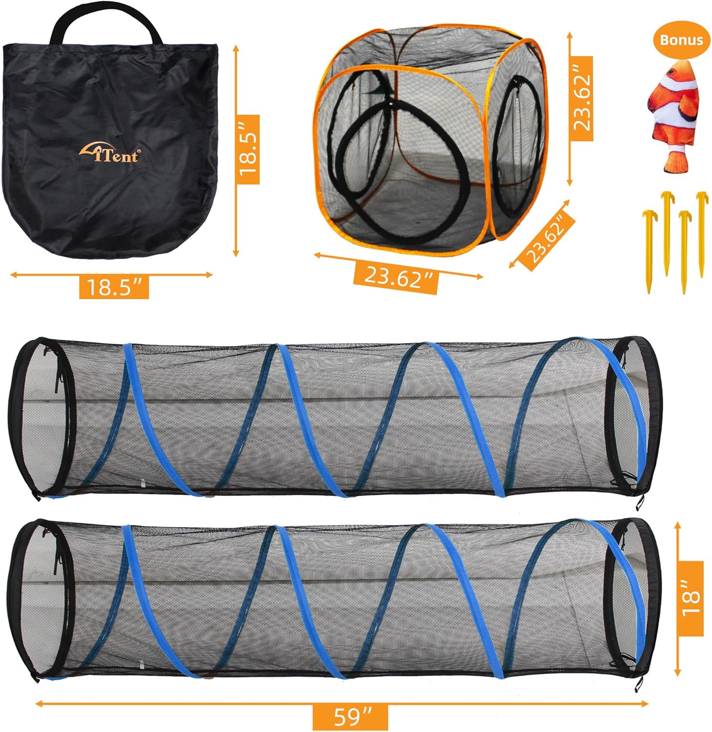 Cat Play Tunnel + Cube(with Three Ways) for Indoor and Outdoor, Cat Playpen, Play Enclosures, Collapsible Playhouse, Tunnel, Easy to Connect with Tent 2 Tunnels + Cube