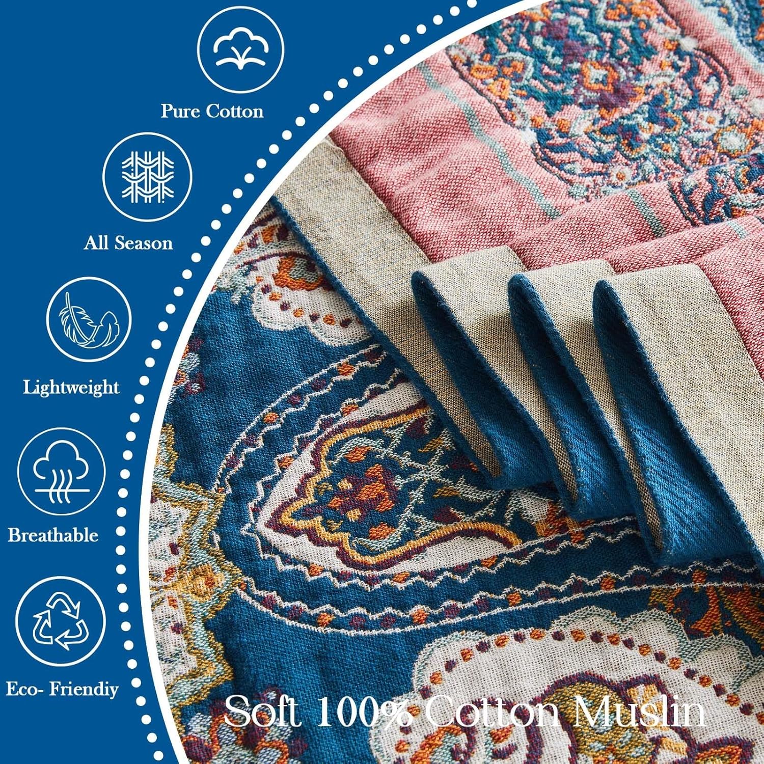 Boho Throw Blanket 100% Cotton Muslin Woven Blanket Bohemian Bed Throws Vintage Rustic Farmhouse Decor Reversible Bed Blanket Quilt for All Seasons（Blue 50"x60"）