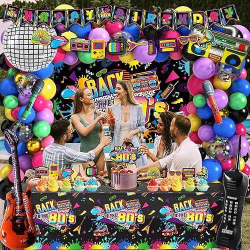 Miniatura 7 de Decoraciones de fiesta de los años 80, decoraciones de fiesta de cumpleaños temática de los años 90, suministros de fiesta de los 80 con mantel de
