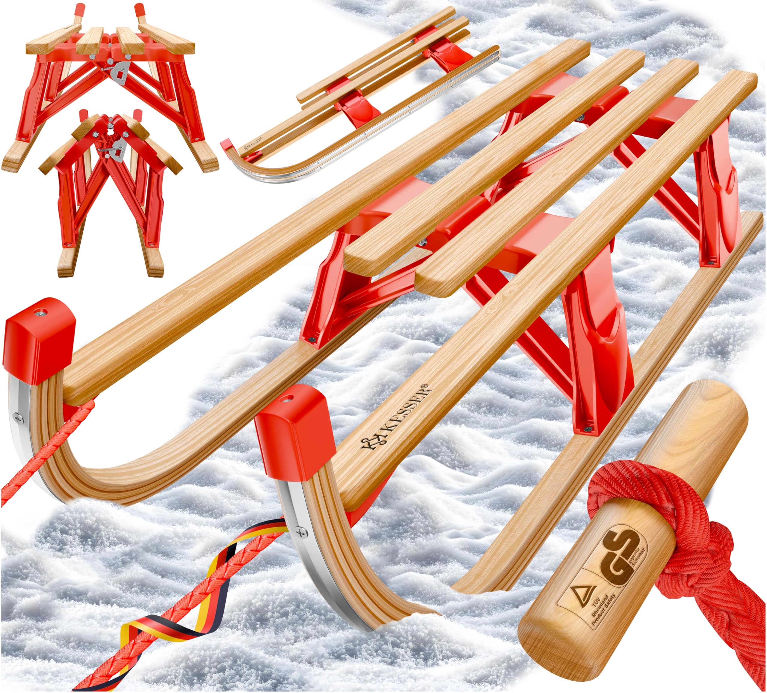 KESSER® Trineo de Madera Premium, Trineo Plegable para niños, Trineo de Madera de Haya Plegable para niños con Cuerda de Arrastre y Cuchillas de Metal.
