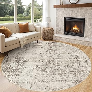 8ft Round Area Rug Living Room Rugs - 8x8 Washable Neutral Modern Abstract Soft Thin Rug Indoor Floor No Slip Rug Carpet for Bedroom Under Dining Table Home Office Decor - Dark Brown