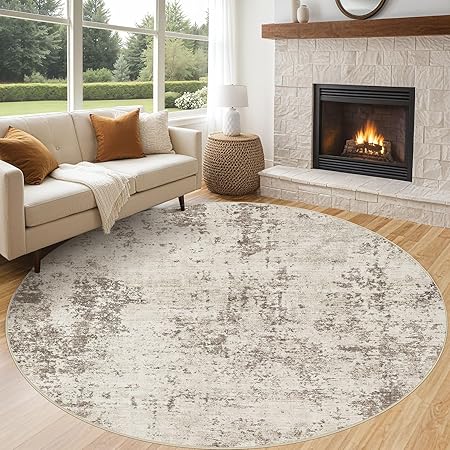 8ft Round Area Rug Living Room Rugs - 8x8 Washable Neutral Modern Abstract Soft Thin Rug Indoor Floor No Slip Rug Carpet for Bedroom Under Dining Table Home Office Decor - Dark Brown