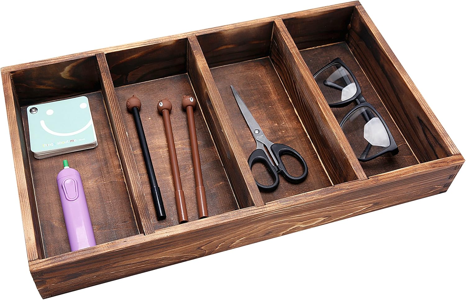 MyGift Burnt Wood Drawer Organizer Tray with 4 Slots, Multipurpose Utensil, Cutlery, Tools Wooden Bin
