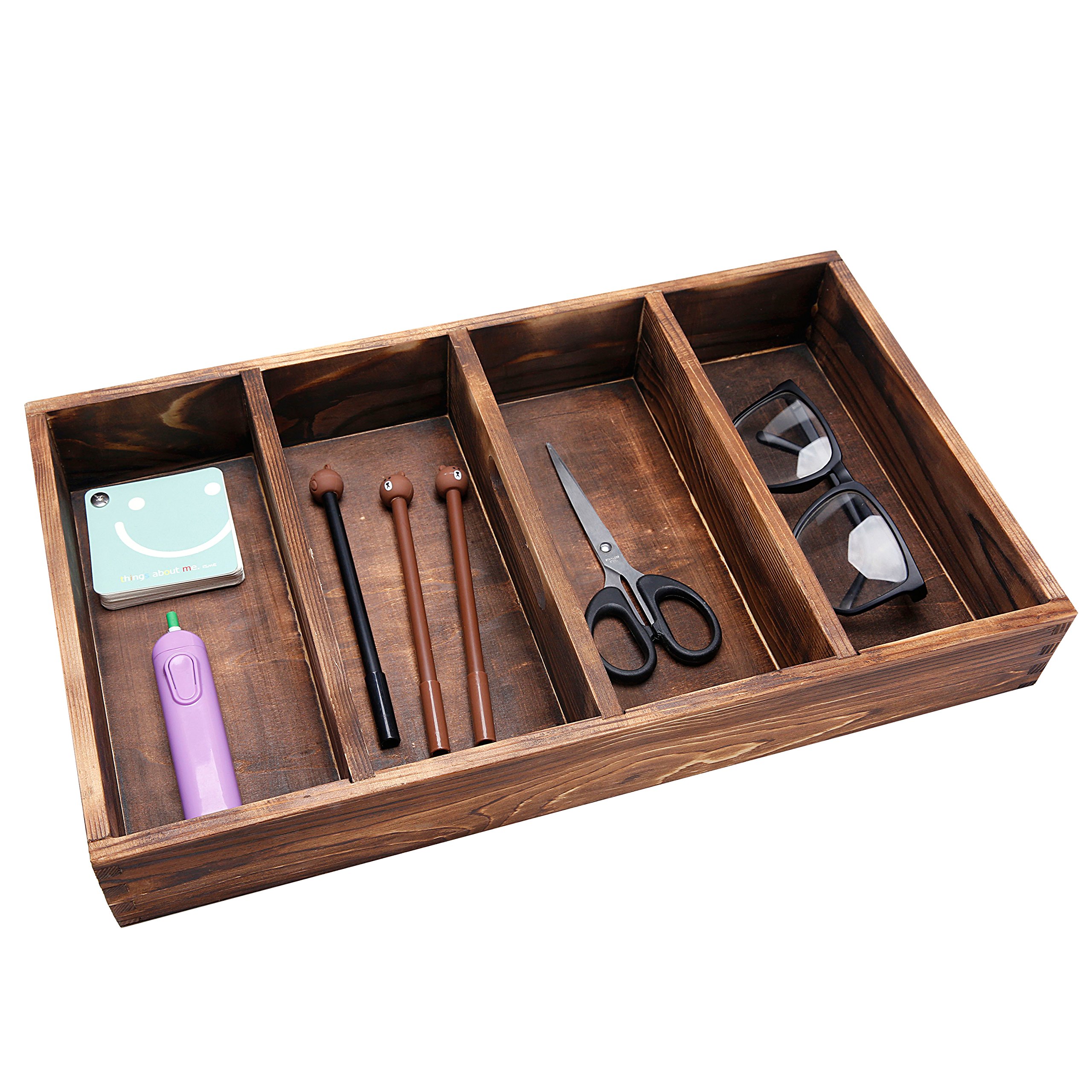 Bandeja organizadora de cajones de madera quemada con 4 ranuras, utensilios multiusos, cubiertos, contenedor de madera para herramientas 2
