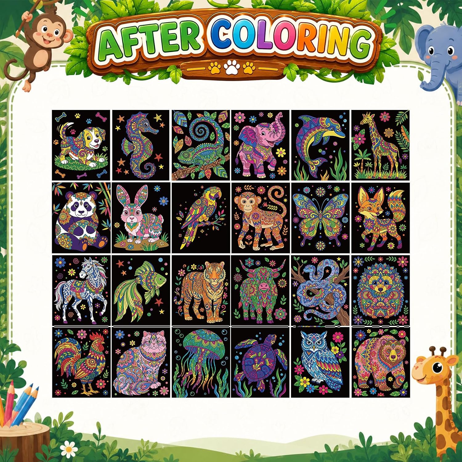Zhanmai 24 Pack Velvet Coloring Posters for Kids Fuzzy Arts,Mandala Animals image 4