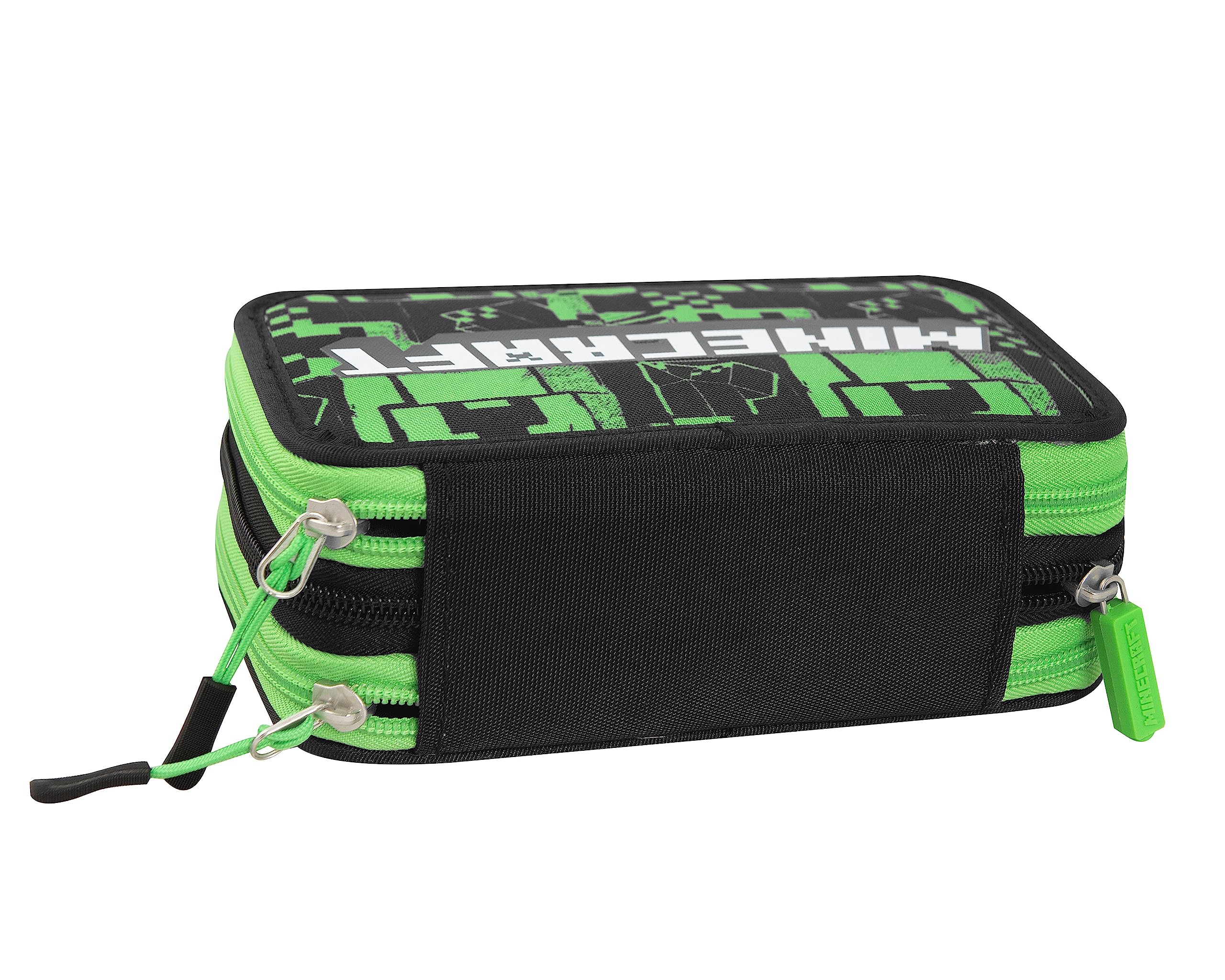 Franco Cosimo Panini Minecraft - Trousse à 3 Compartiments pour Fille et Enfant avec Papeterie Scolaire intégrée et Compartiments Porte-Stylo + Stylo effaçable – Grande Trousse Scolaire, Vert – 20 x